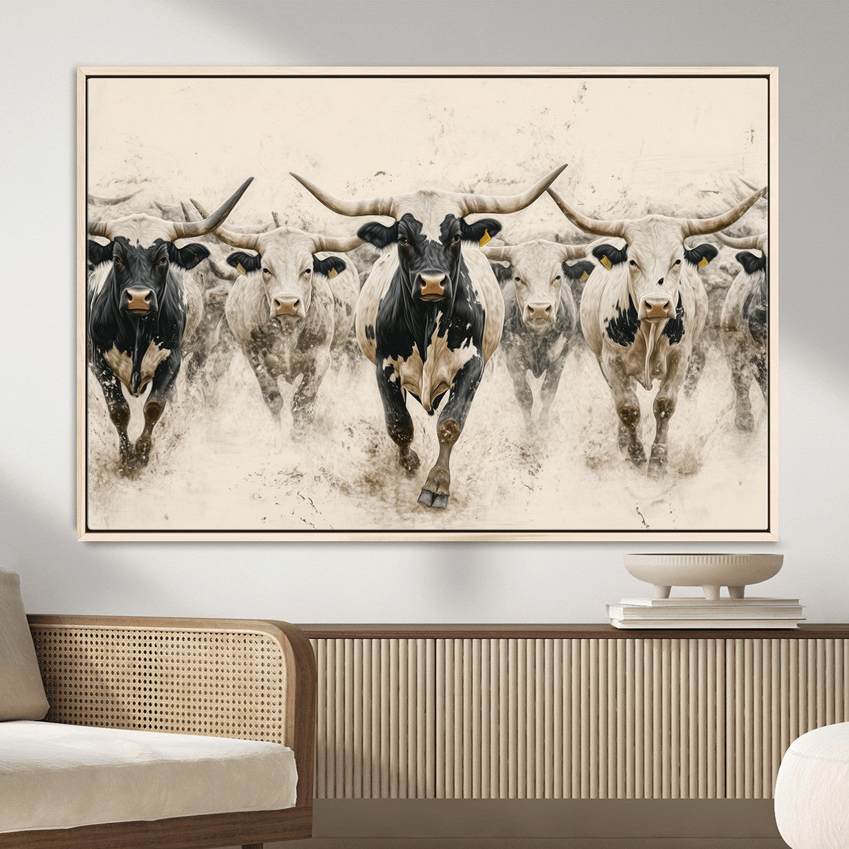 MGV-FC-36X24 - Cream Dust Longhorn Wall Art – Canvas Print of Western Herd Stampede, Dynamic Charge, Rustic Prairie Motion, Bold Nature Farm Decor