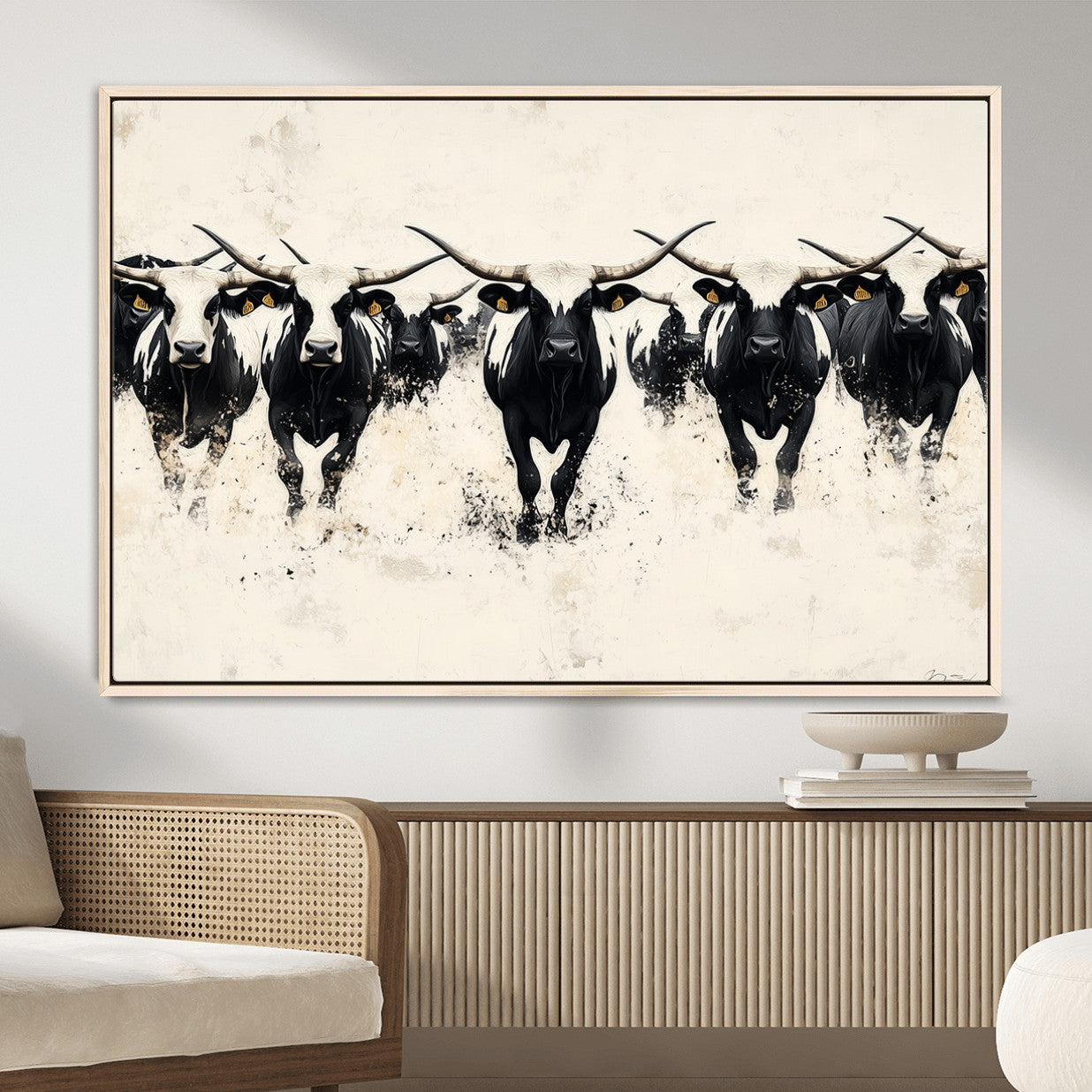 MGV-FC-36X24 - Longhorn Cattle Wall Art – Canvas Print of Herd in Motion, Symmetry and Ink Splatter, Minimalist Western Ranch, Bold Rustic Farm Decor