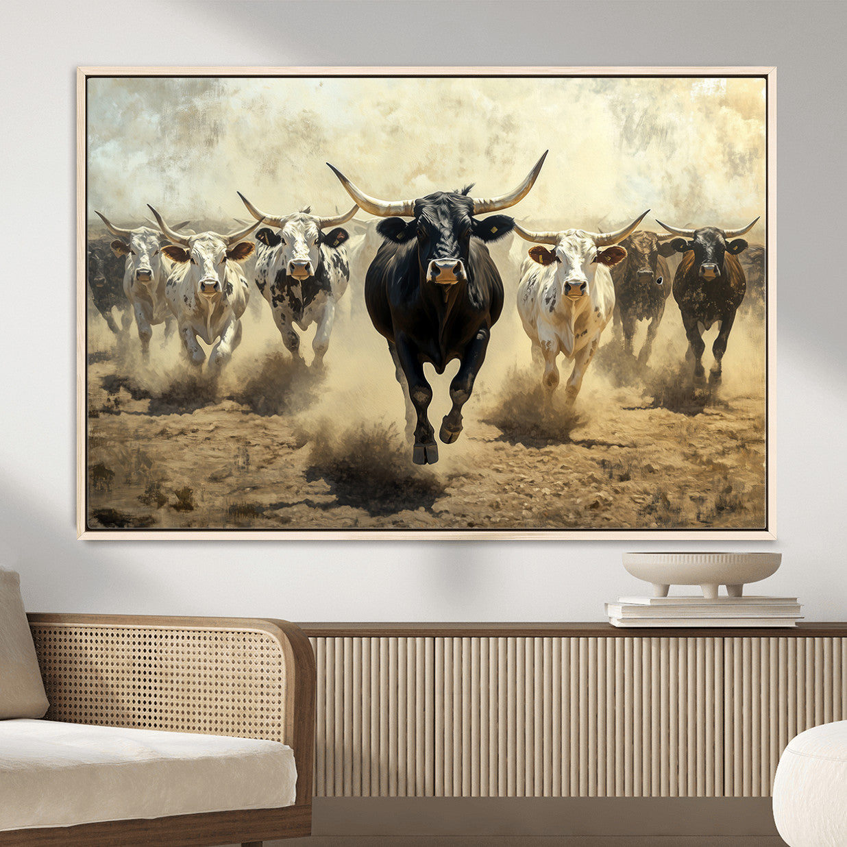 MGV-FC-36X24 - Running Cattle Wall Art – Canvas Print of Western Herd, Dust Stampede, Longhorns, Wild West Ranch, Bold Rustic Farm Decor for Home or Office