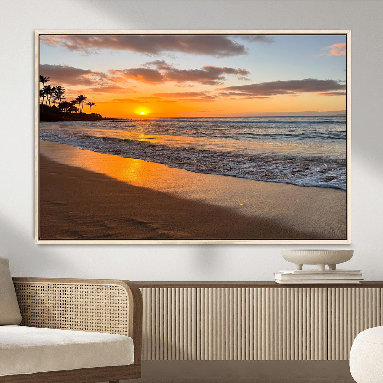 MGV-FC-36X24 - Sunset Glow Wall Art – Canvas Print of Ocean Breeze, Golden Sand, Tropical Palm Silhouettes, Tranquil Waves, Beach Nature Decor for Home