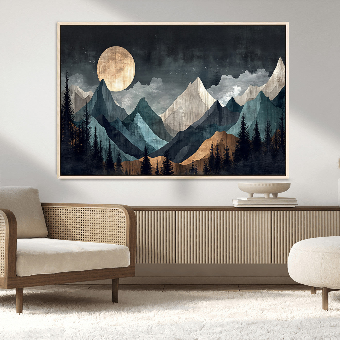 11060882-MGV-CV-36X24-Moonlit Mountain Wall Art Canvas Print – Silhouetted Pines Layered Peaks Tranquil Sky Mist Silver Light Nature Artwork for Home