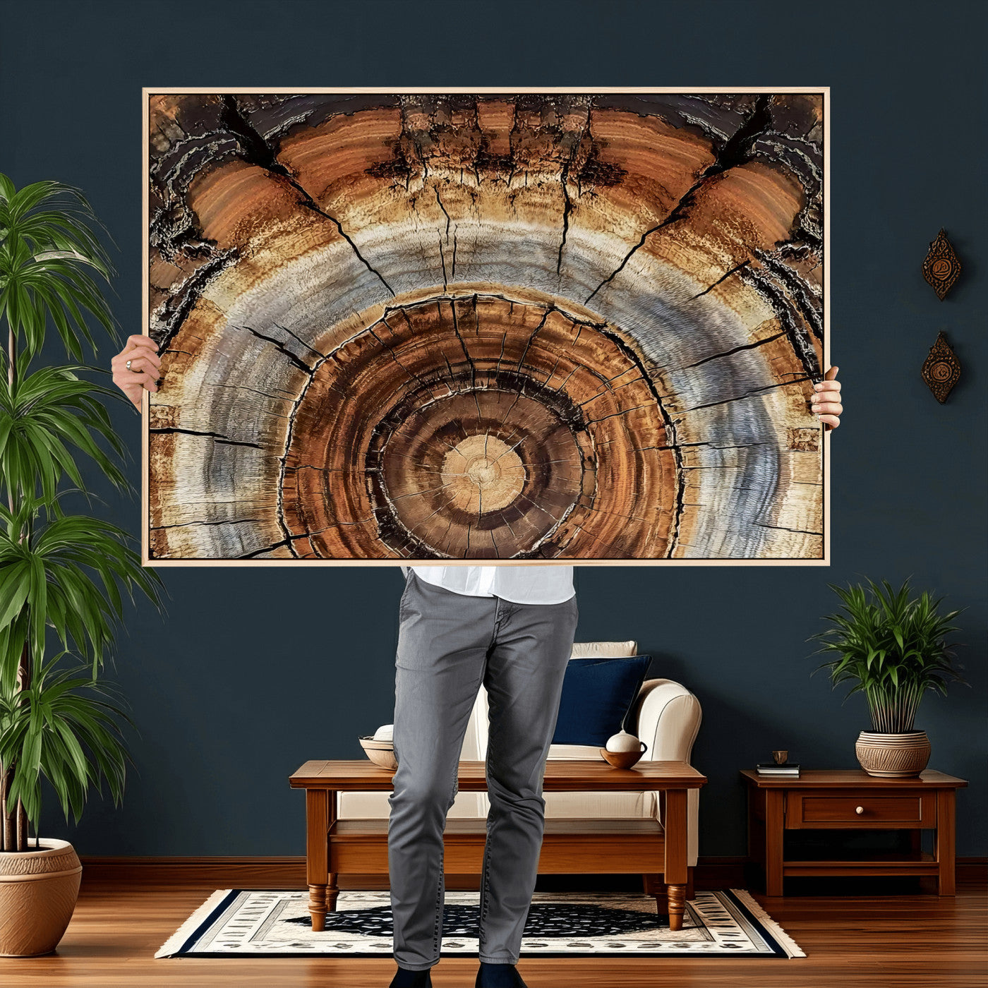 15184146-MGV-CV-36X24 - Tree Rings Wall Art Canvas Print, Framed Wood Texture Art Picture Print, Rustic Pattern Perfect Rustic Organic Decor Artwork