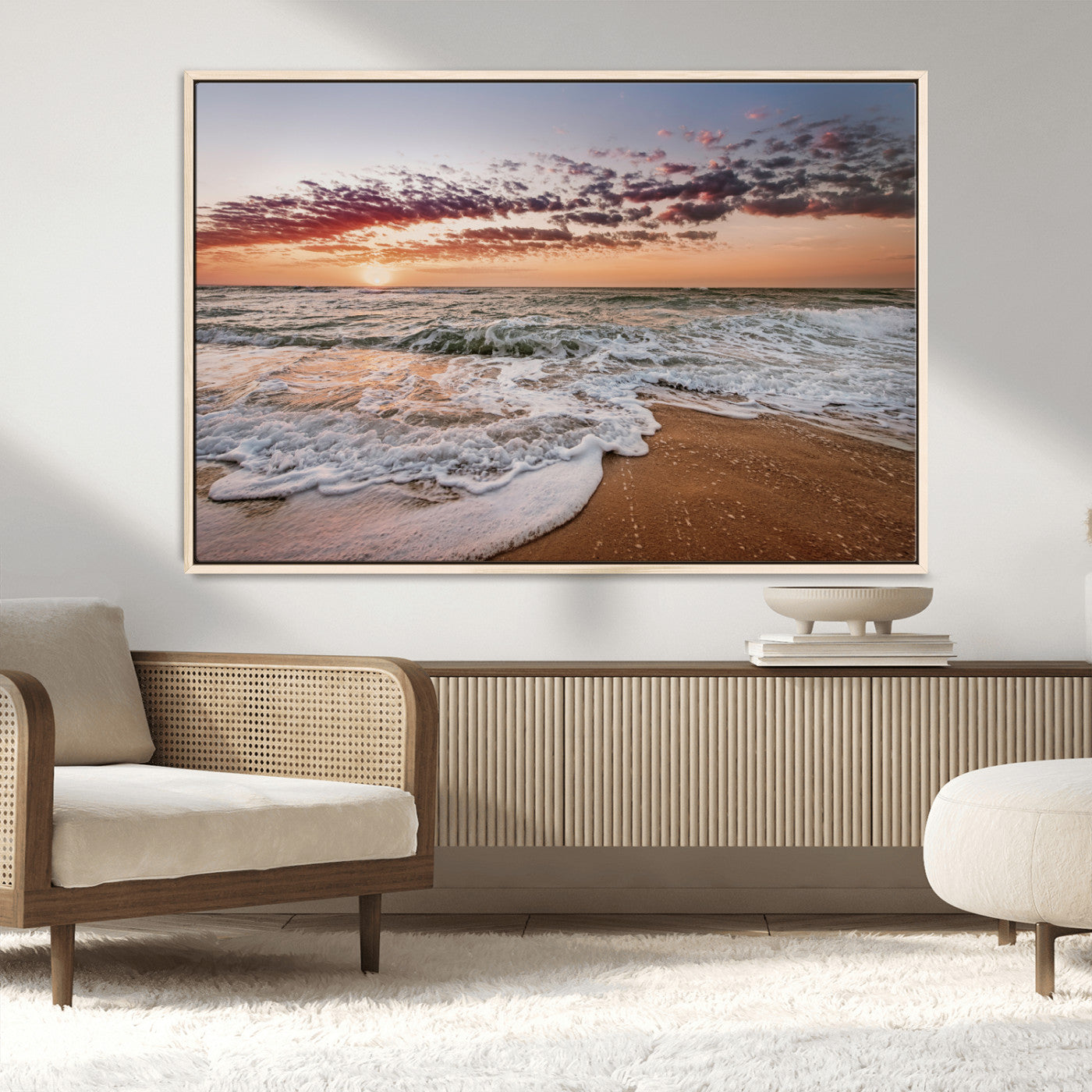 39846389-MGV-CV-36X24-Ocean Sunset Wall Art Canvas Print – Framed Sandy Shore Gentle Waves Coastal Landscape Minimalist Artwork for Home, Office