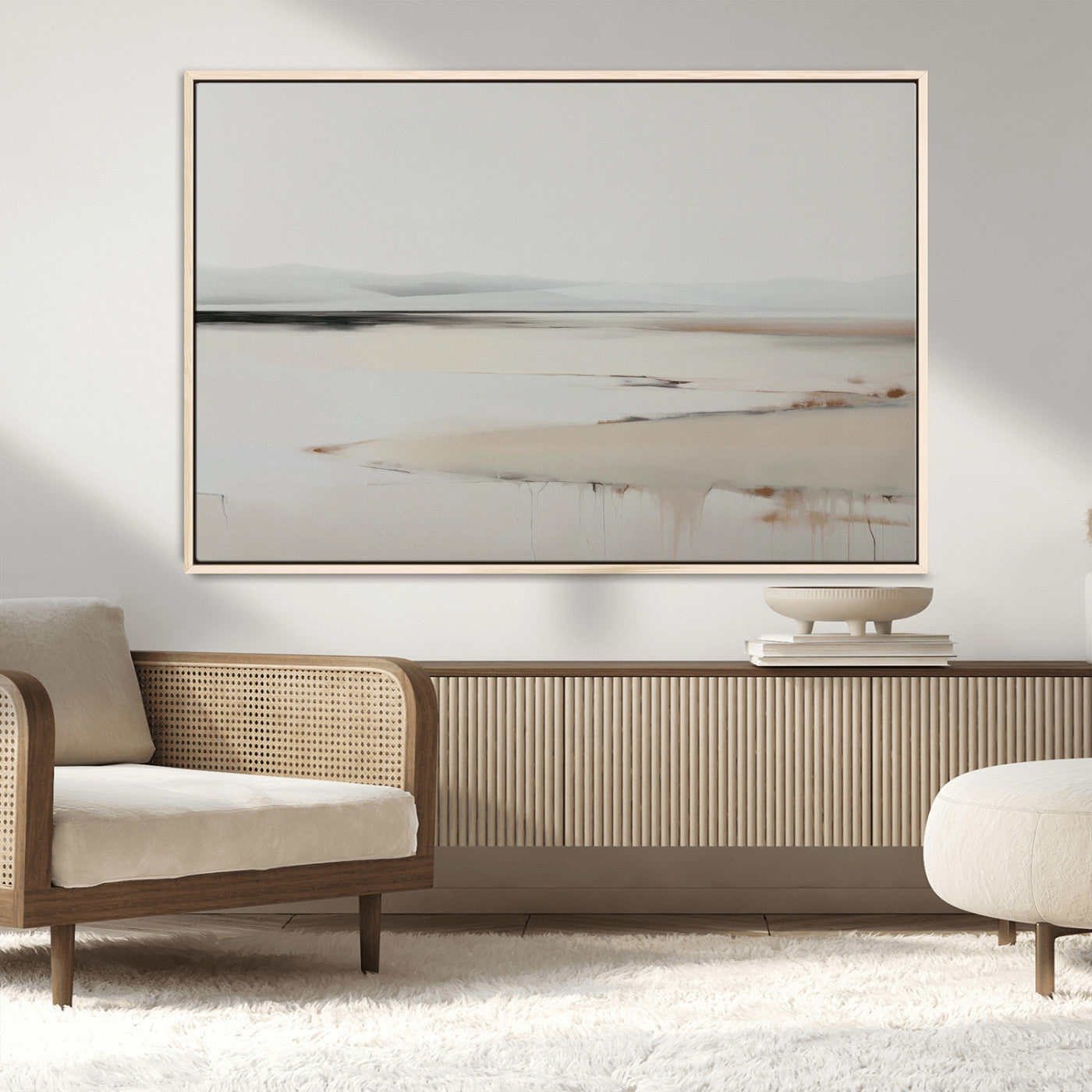 89410095-MGV-CV-36X24-Minimalist Landscape Wall Art Canvas Print – Framed Soft Horizon Abstract Seascape Earthy Tones Artwork for Home Office