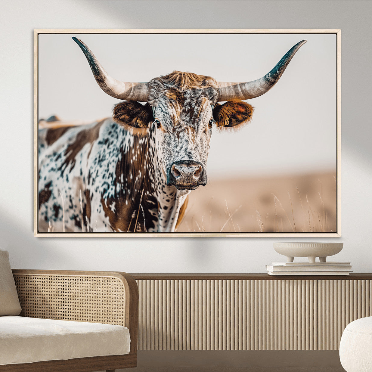 70414966-MGV-FC-36X24 - Majestic Longhorn Wall Art – Canvas Print of Strong Stance Intricate Fur & Sharp Horns Rustic Elegance & Timeless Wild Beauty Decor for Living Room, Office or Bedroom