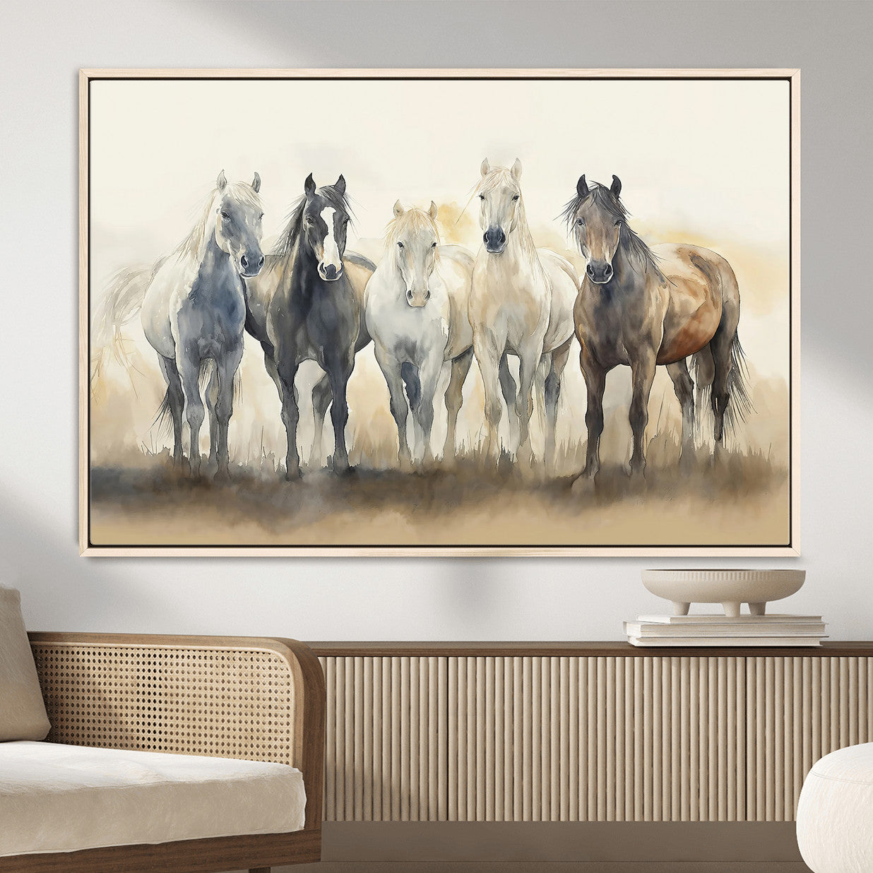 MGV-FC-36X24 - Wild Horses Wall Art Canvas Print, Framed Running Horses Art Picture Print, Watercolor Horses Perfect Rustic Western Decor Artwork