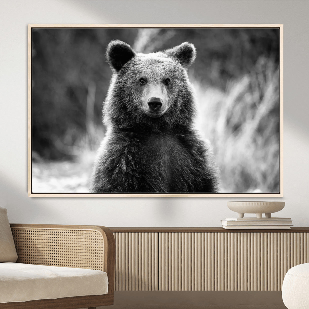 55656803-MGV-CV-36X24-Grizzly Bear Wall Art Canvas Print – Framed Black White Wildlife Rustic Nature Artwork for Home, Office Decor
