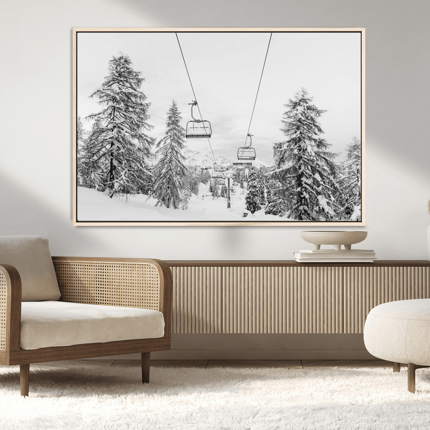 55003599-MGV-CV-36X24-Ski Lift Wall Art – Framed Snowy Mountain Canvas Artwork, Winter Forest Design, Minimal Nature Decor for Home, Office