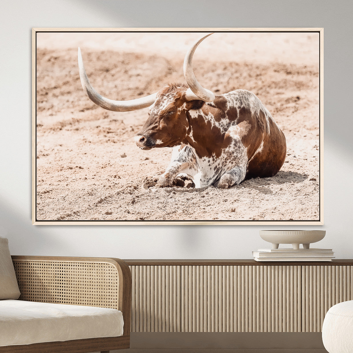 91248682-MGV-CV-36X24-Texas Longhorn Wall Art Canvas Print – Framed Resting Bull Scene with Spotted Cattle Artwork for Home, Office