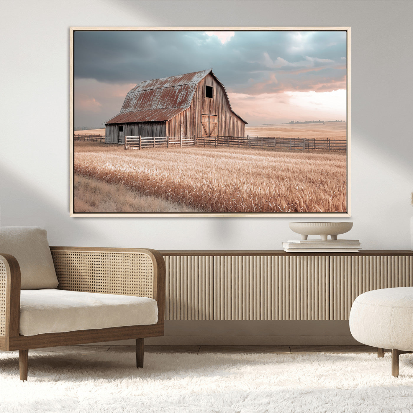 MGV-FC-36X24 - Rustic Barn Wall Art Canvas Print, Framed Wheat Field Art Picture Print, Sunset Barn Perfect Vintage Farmhouse Decor Artwork