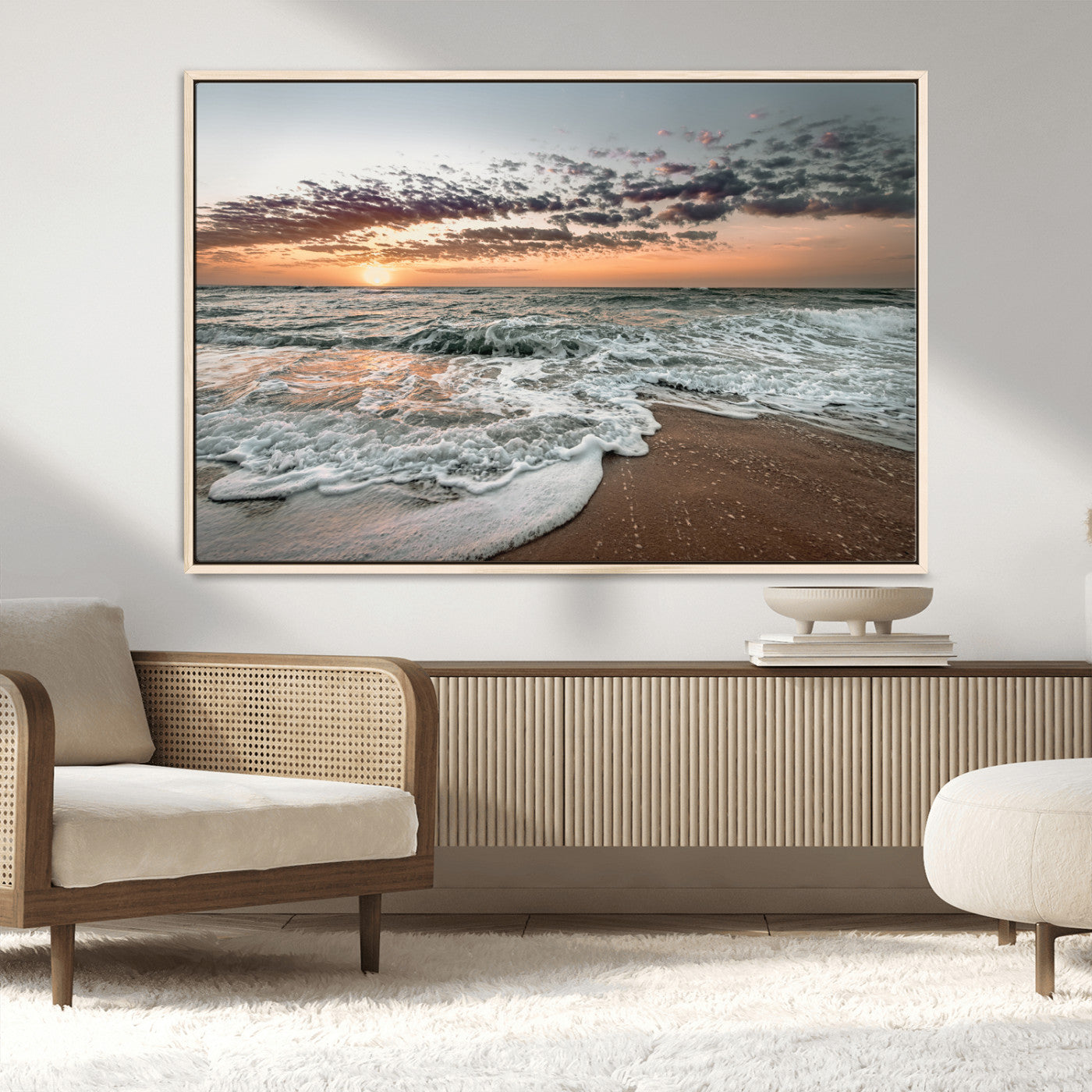40632752-MGV-CV-36X24-Ocean Sunset Wall Art Canvas Print – Framed Beach Waves Scene with Coastal Artwork for Home, Office, Living Room