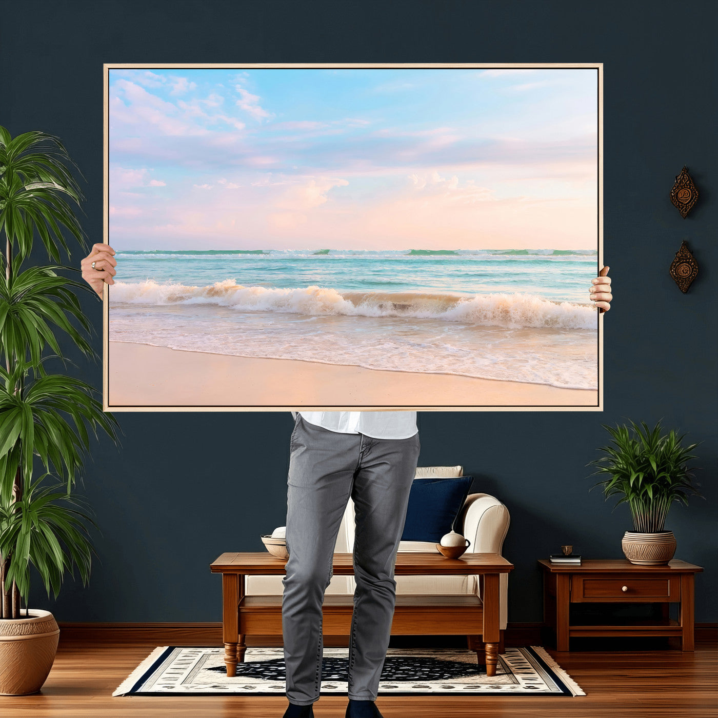 74679437-MGV-CV-36X24 - Serene Waves Wall Art – Golden Shore & Soft Pastel Sky Canvas Print, Gentle Ocean and Peaceful Sunset for Living Room or Office