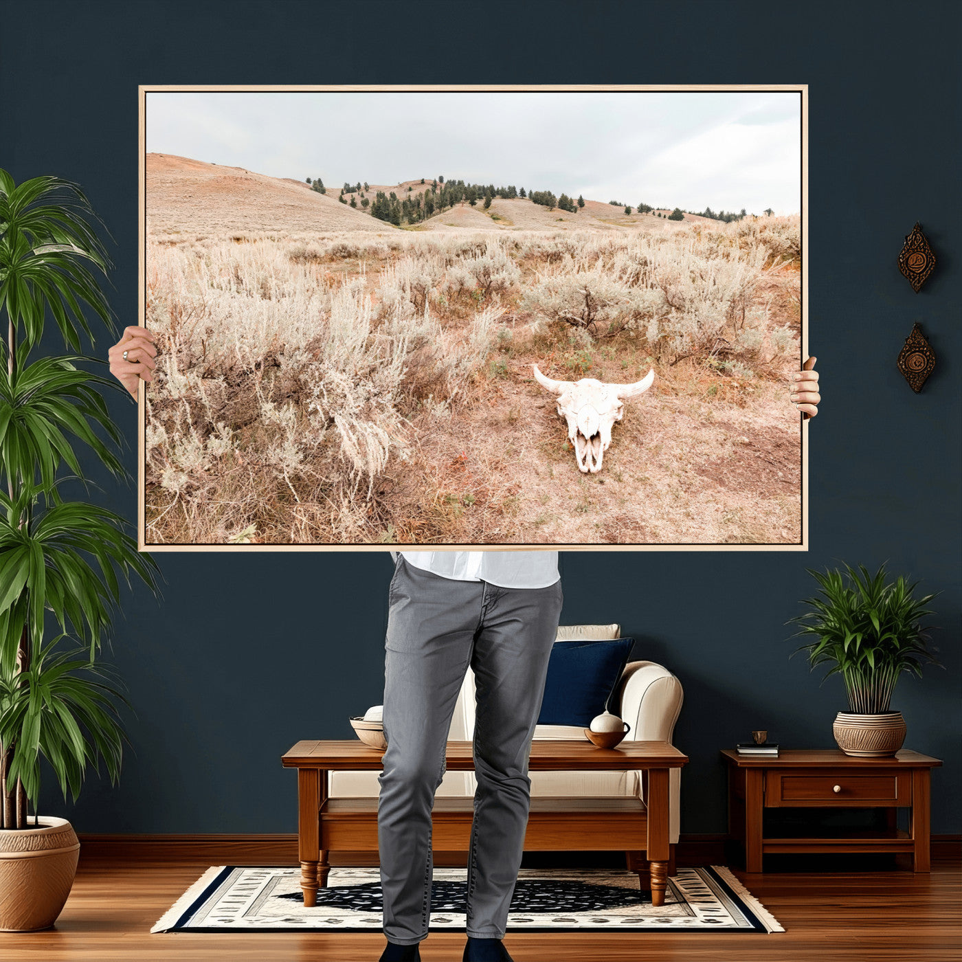 97234735-MGV-CV-36X24 - Desert Skull Wall Art – Arid Landscape & Sagebrush Canvas Print, Rustic Nature and Earth Tones for Living Room or Minimalist Decor