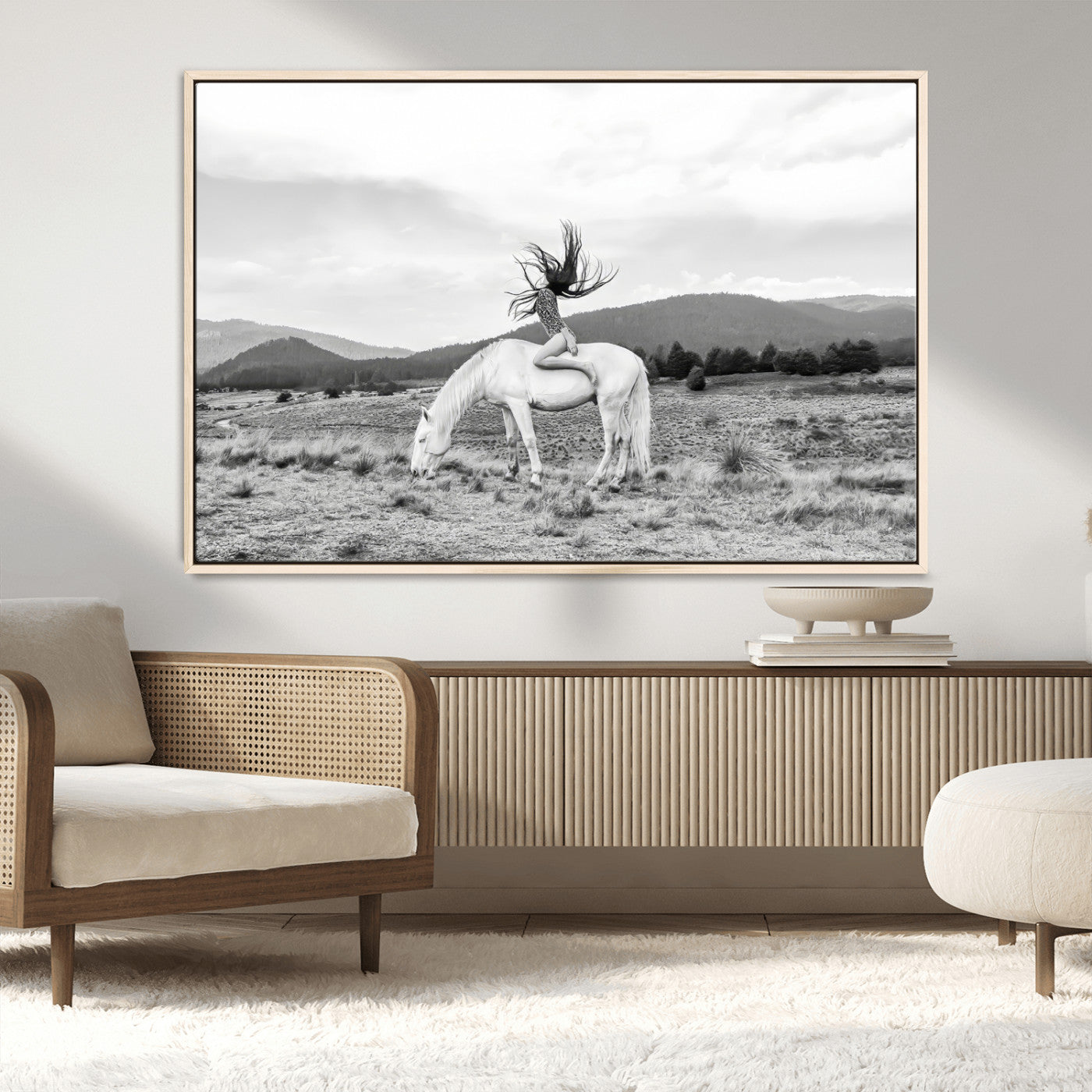 62789800-MGV-CV-36X24-White Horse Wall Art Canvas Print – Framed Woman Rider Equestrian Pose Western Boho Elegant Artwork for Home Office