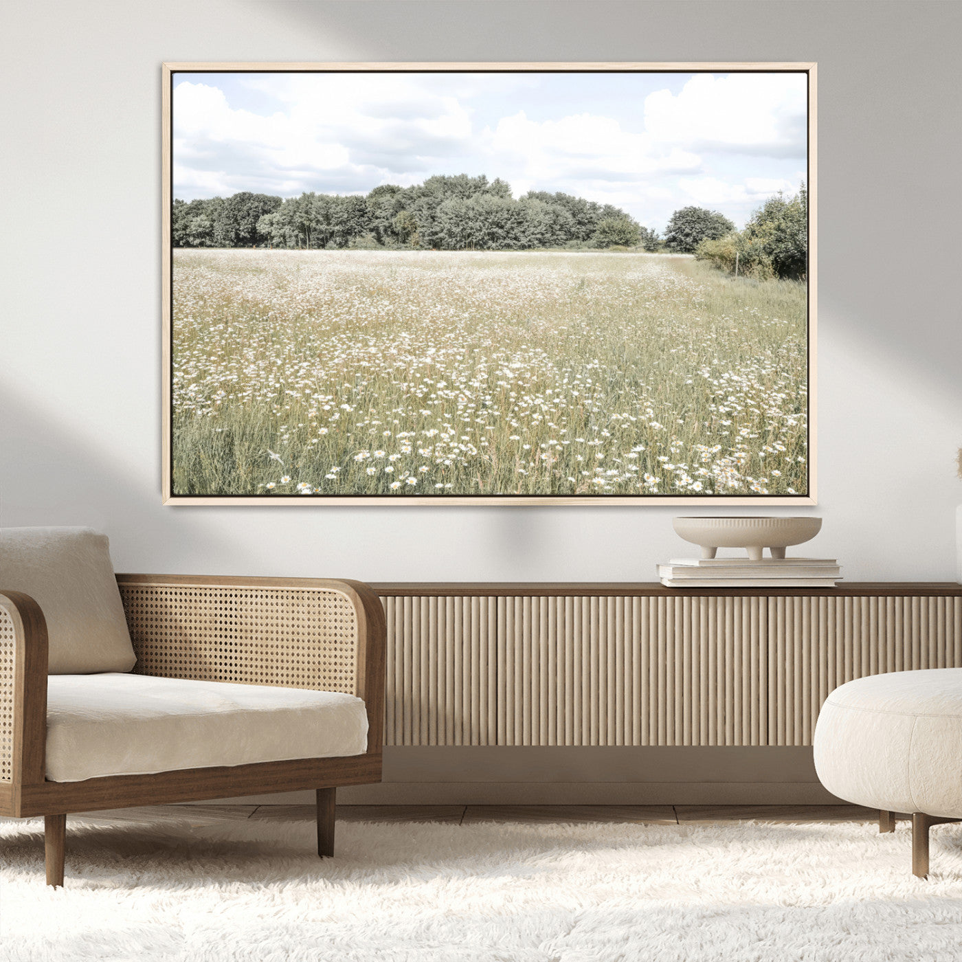 43258946-MGV-CV-36X24-Charming Daisy Field Wall Art Canvas Print – Framed Pastel Flower Meadow Bloom Scandinavian Minimal Artwork for Home Office