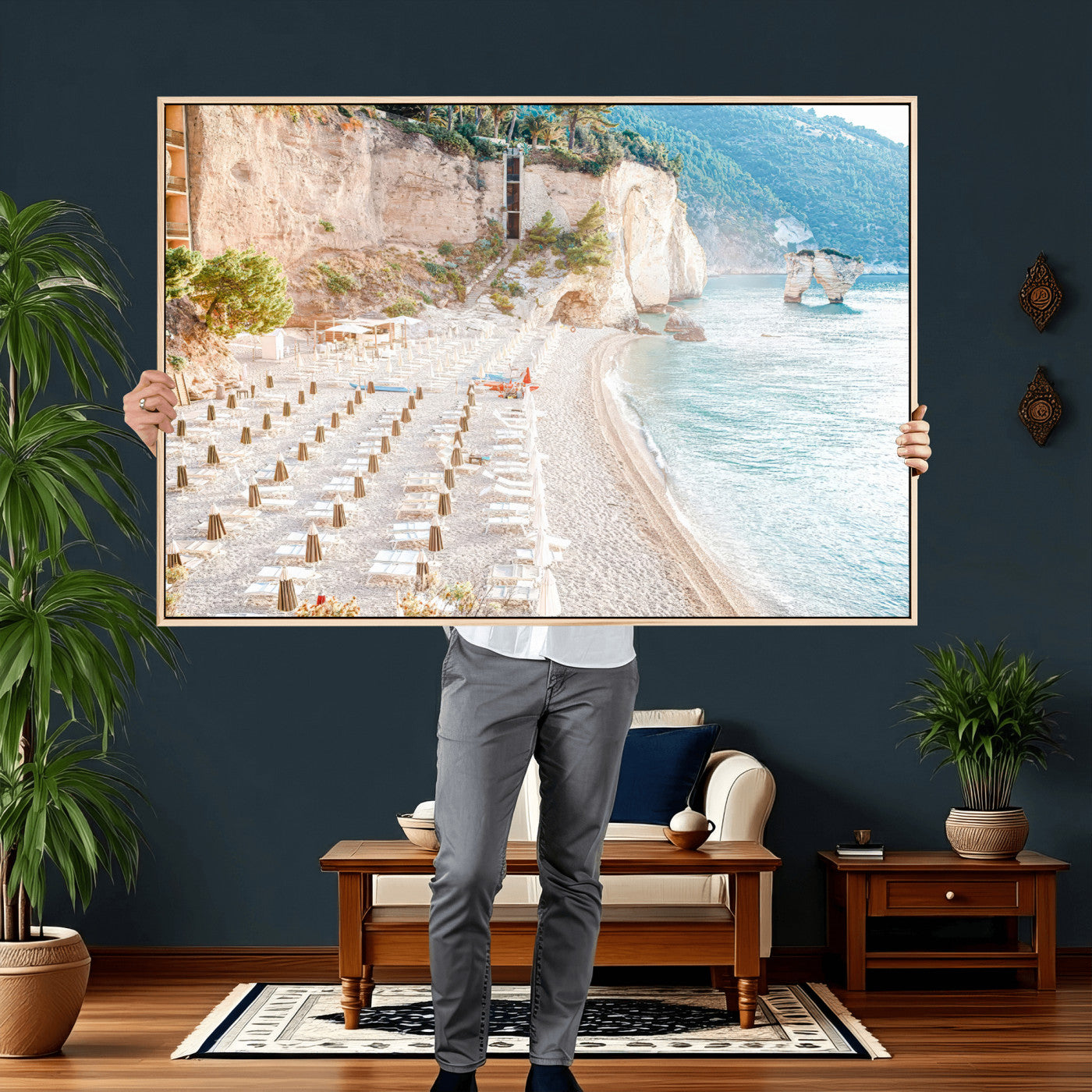 84816639-MGV-CV-36X24 - Sunny Beach Wall Art – Chairs & Umbrellas Canvas Print, Clear Water, Rocky Cliffs, Coastal Calm for Living Room or Vacation Home Decor