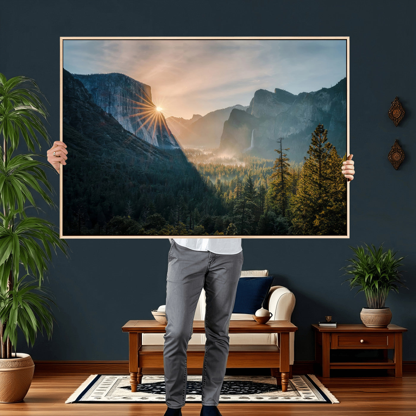 51605481-MGV-CV-36X24 - Yosemite Valley Wall Art – Misty Forest Peaks Canvas Print, Radiant Light, Tranquil Nature Landscape for Living Room or Cabin Decor