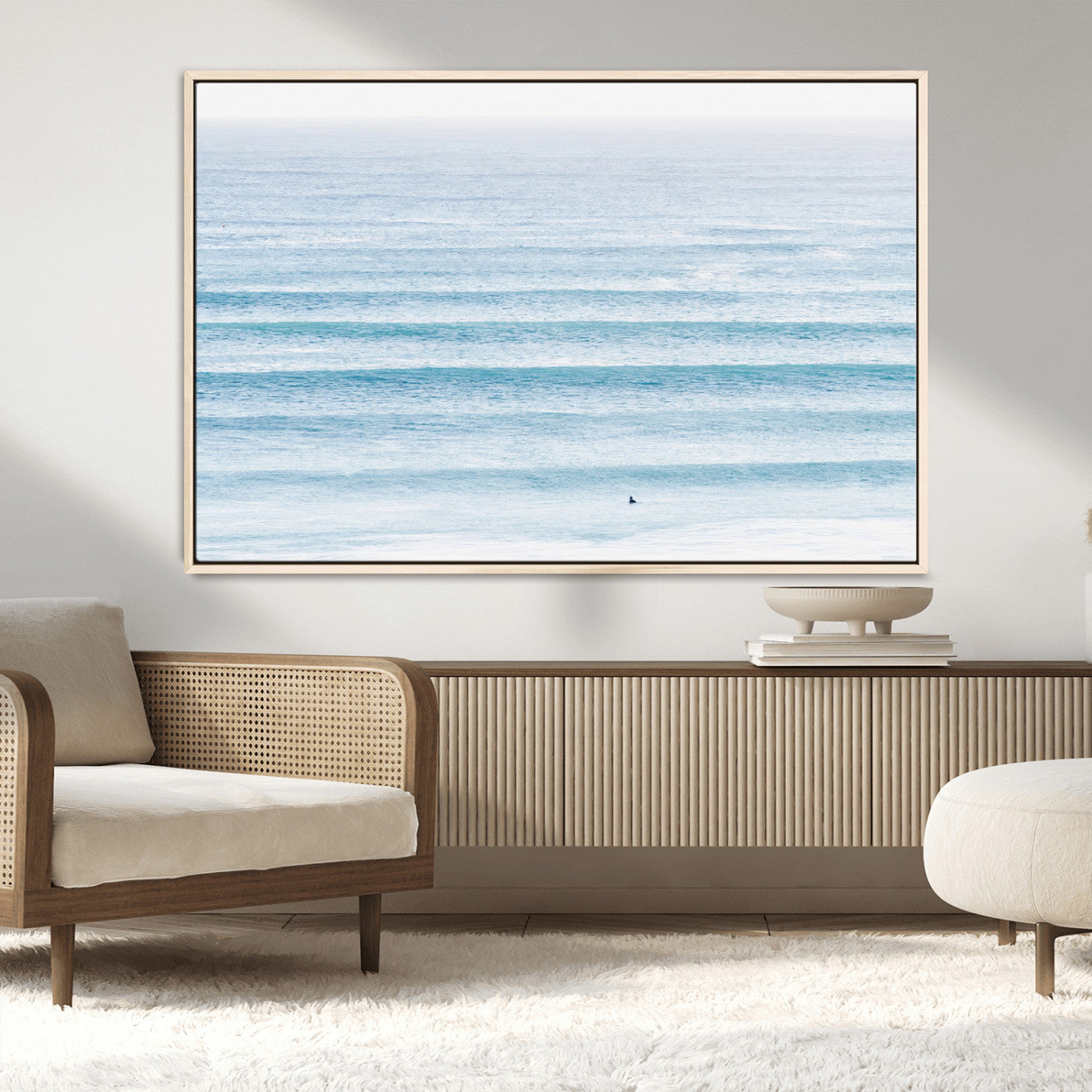 MGV-FC-36X24 - Ocean Simplicity Wall Art Canvas Print, Framed Surfer on Water Art Picture Print, Light Blue Perfect Coastal Minimalist Decor Artwork