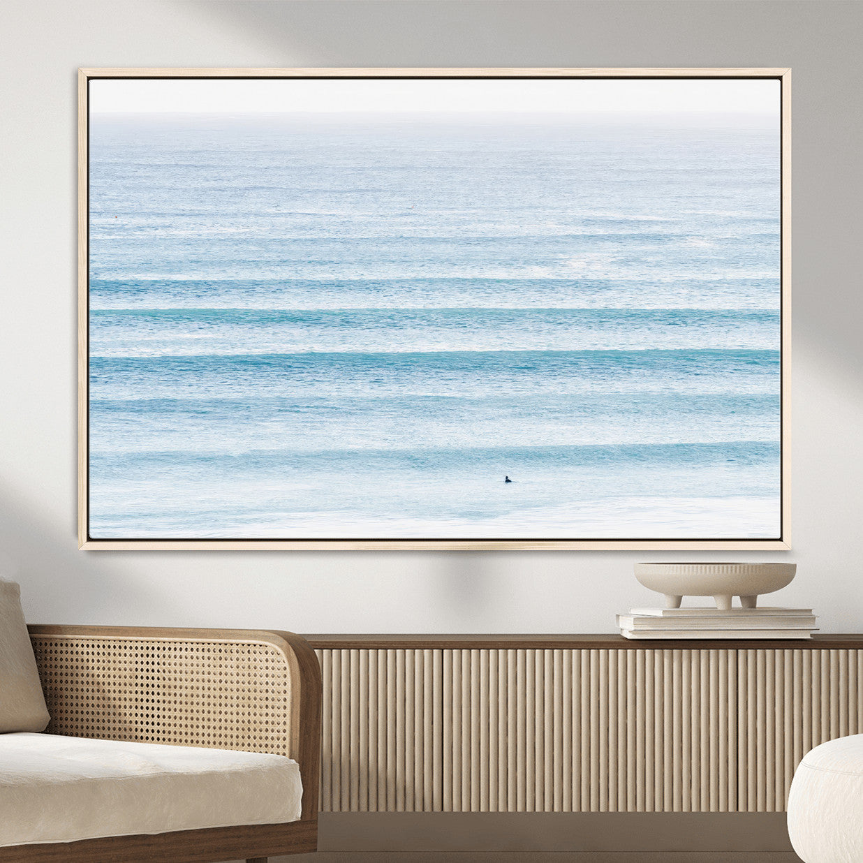 77145995-MGV-CV-36X24-Ocean Wave Surfer Wall Art – Framed Minimal Seascape Canvas Artwork, Calm Blue Water Design, Coastal Decor for Home, Office
