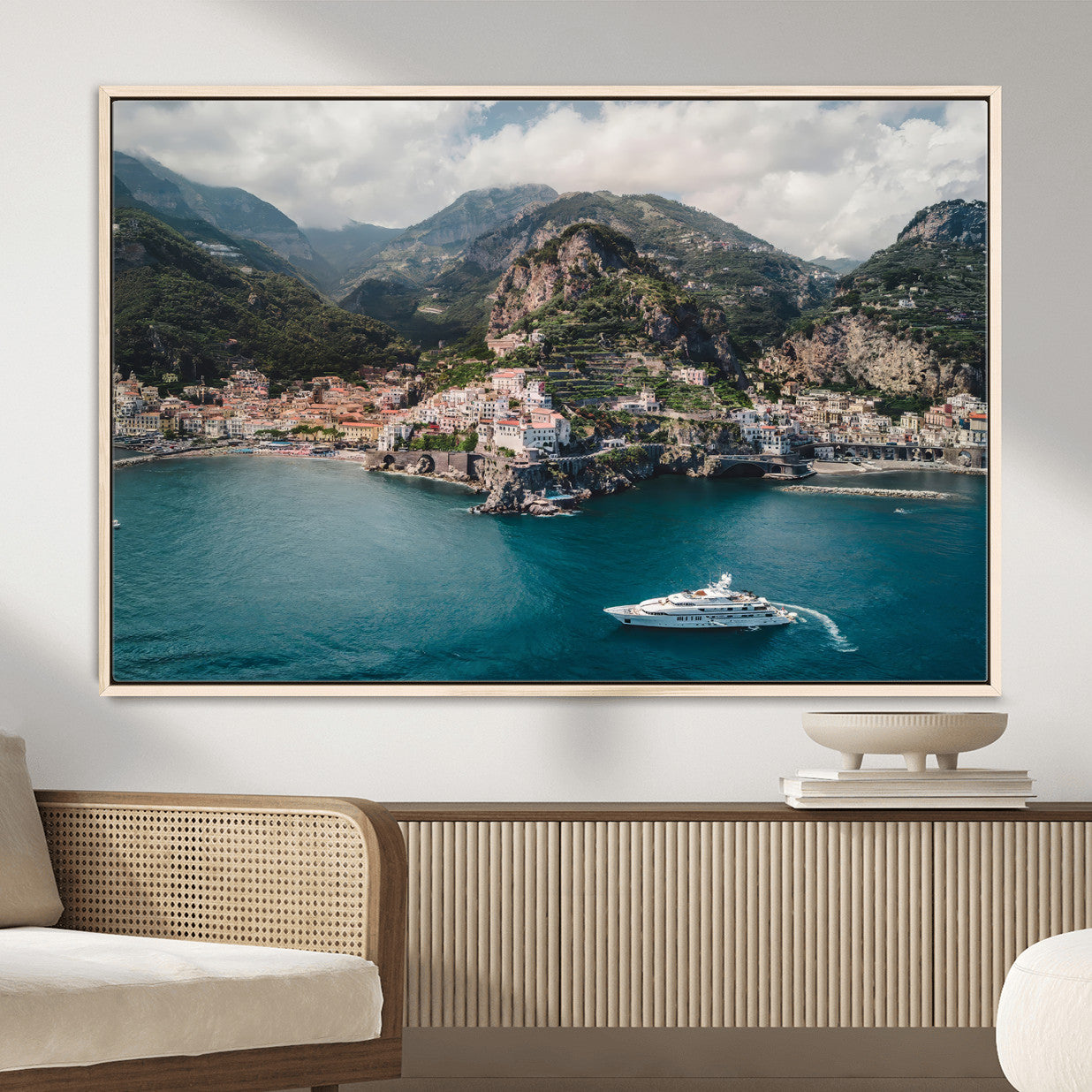 20321590-MGV-CV-36X24-Amalfi Coast Wall Art – Framed Italian Seaside Canvas Artwork, Mediterranean Landscape Design, Coastal Decor for Home, Office