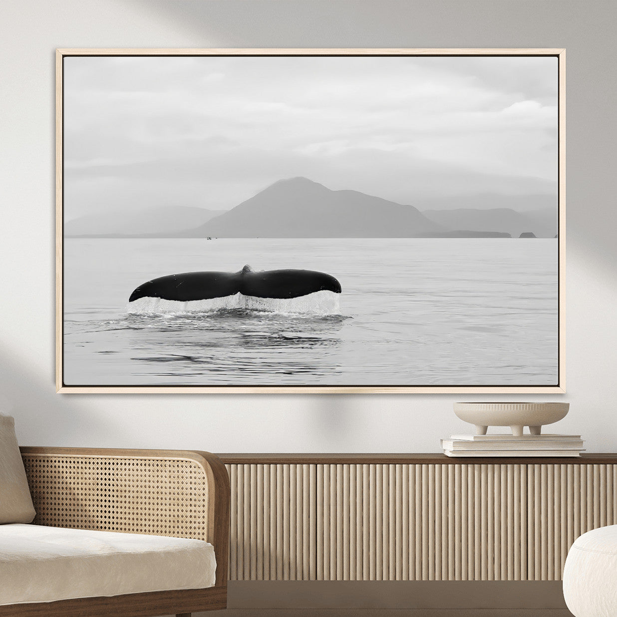 MGV-FC-36X24 - Whale Tail Wall Art Canvas Print, Framed Black White Ocean Art Picture Print, Calm Marine Perfect Minimalist Coastal Decor Artwork
