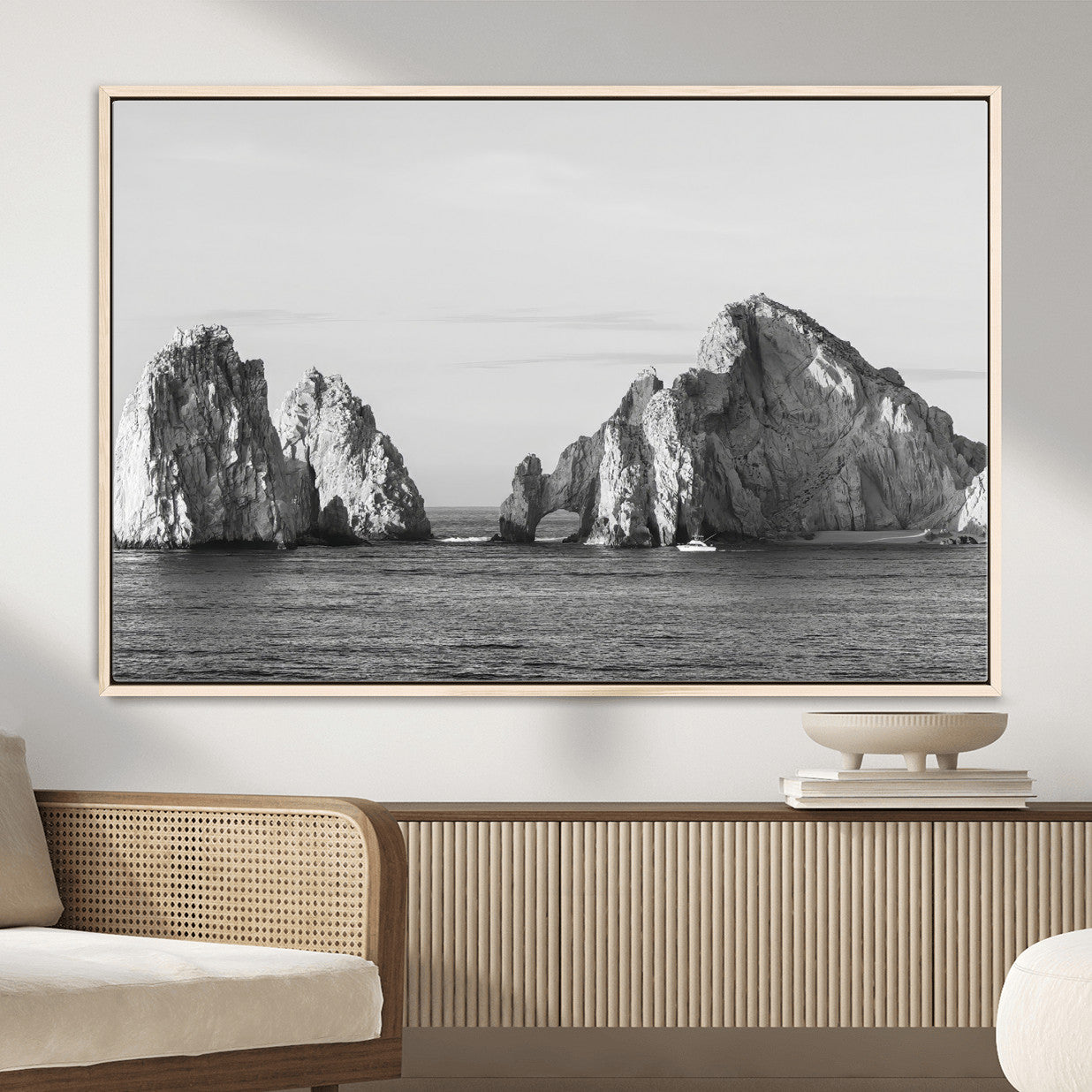 MGV-FC-36X24 - Rugged Coastline Wall Art Canvas Print, Framed Ocean Cliffs Art Picture Print, Monochrome Seascape Perfect Coastal Minimalist Decor Artwork
