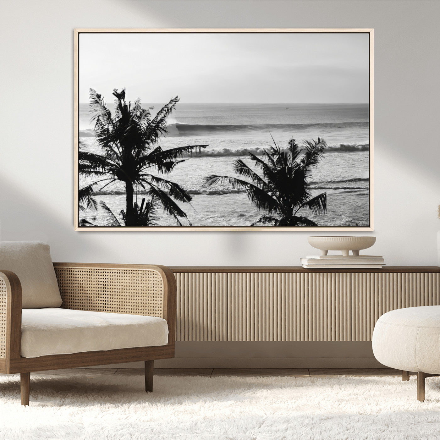 17508038-MGV-CV-36X24-Tropical Coastline Wall Art Canvas Print – Framed Palm Trees Scene with Ocean Waves Artwork for Home, Office