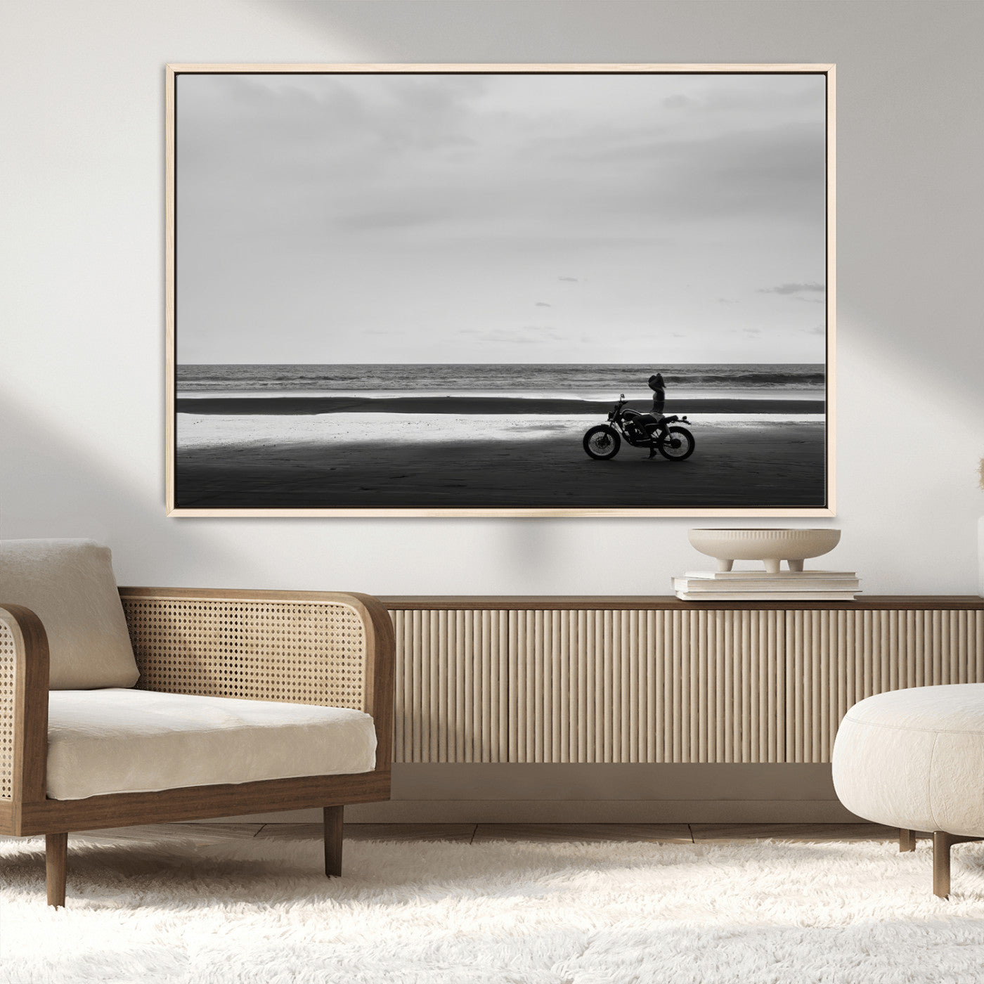 84739358-MGV-CV-36X24-Motorcycle Beach Wall Art Canvas Print – Framed Vintage Motorcycle Scene with Biker Silhouette Artwork for Home, Office