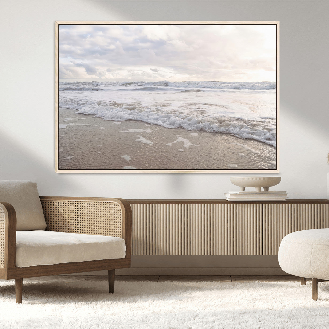 70596264-MGV-FC-36X24_Natural-Ocean Waves Wall Art Canvas Print – Framed Coastal Shoreline Scene with Sea Foam Artwork for Home, Office