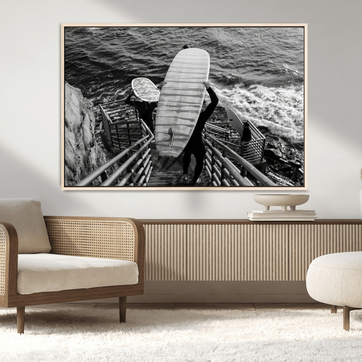 32353707-MGV-FC-36X24_Natural-Black and White Surfing Wall Art Canvas Print – Framed Coastal Wave Riders Adventure Artwork for Home, Office