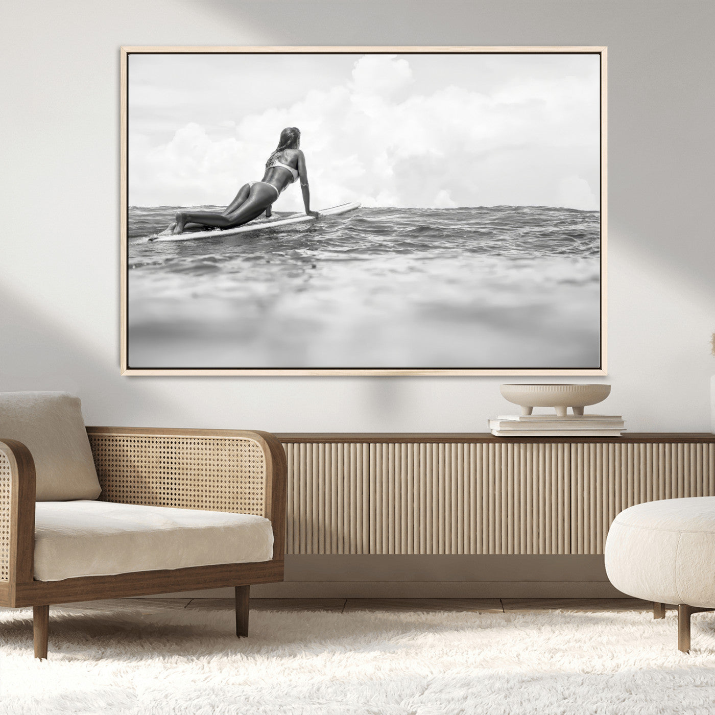 69798068-MGV-CV-36X24-Black and White Surfing Wall Art Canvas Print – Framed Ocean Horizon with Surfer Girl Coastal Adventure Artwork for Home, Office