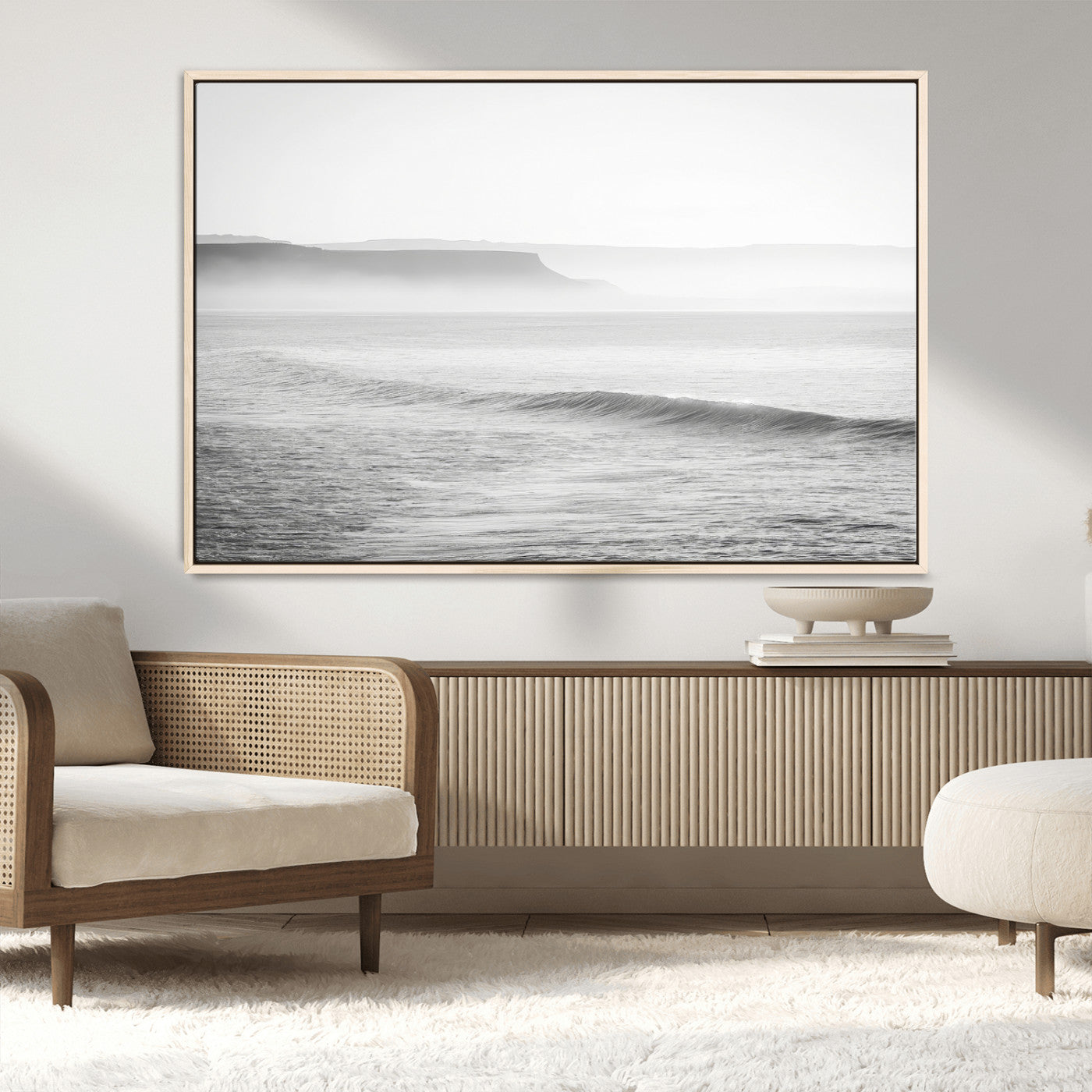MGV-FC-36X24 - Black White Seascape Wall Art Canvas Print, Framed Ocean Waves Art Picture Print, Misty Coastal Perfect Minimalist Coastal Decor Artwork