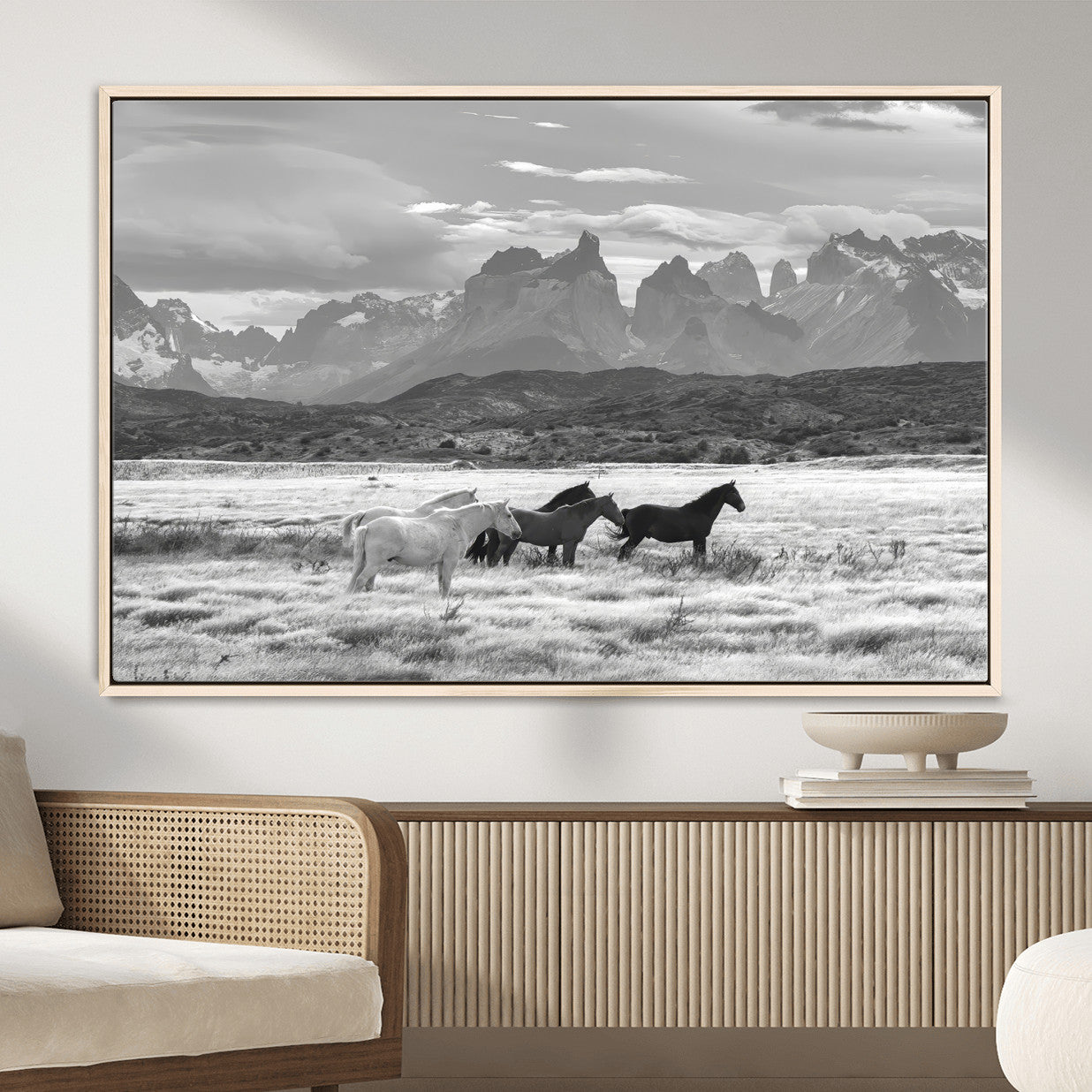 MGV-FC-36X24 - Wild Horses Wall Art Canvas Print, Framed Black White Mountains Art Picture Print, Rustic Countryside Perfect Rustic Western Decor Artwork