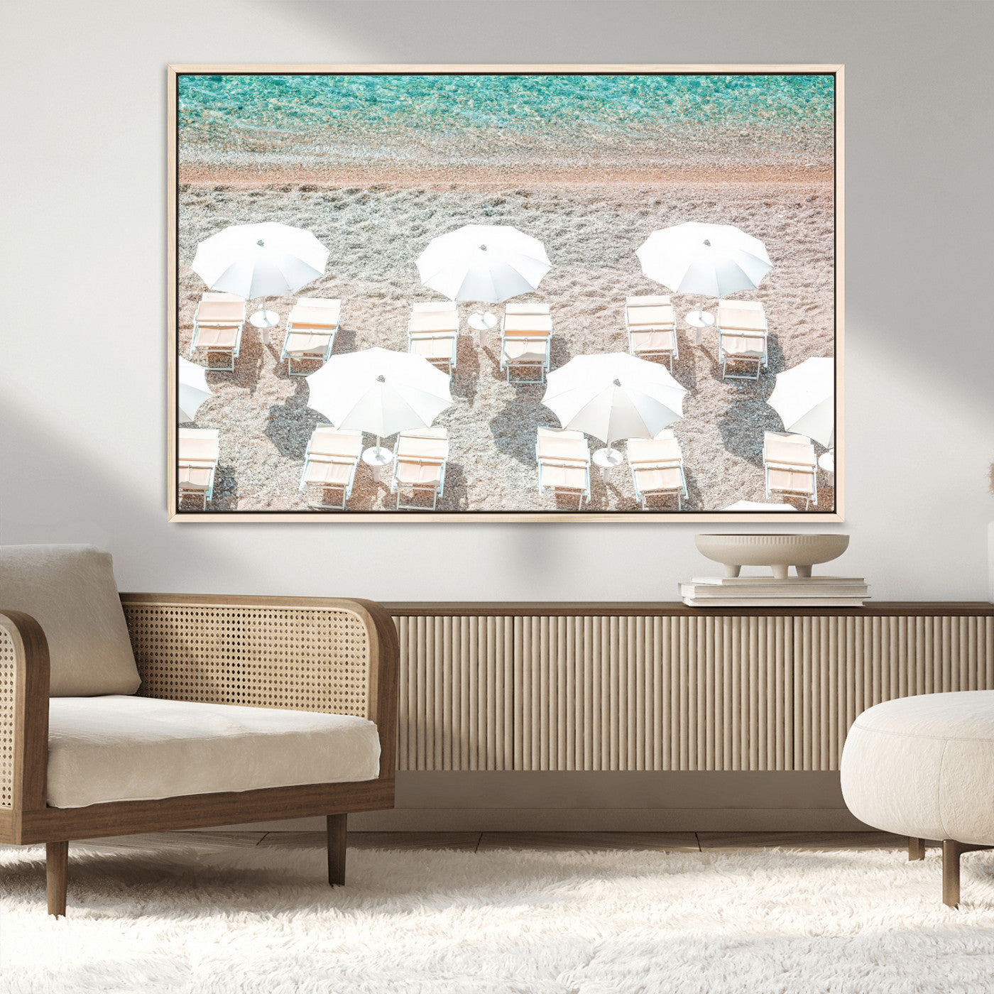 MGV-FC-36X24 - Calm Beach Wall Art Canvas Print, Framed Turquoise Water Art Picture Print, Umbrella Shoreline Perfect Coastal Minimalist Decor Artwork