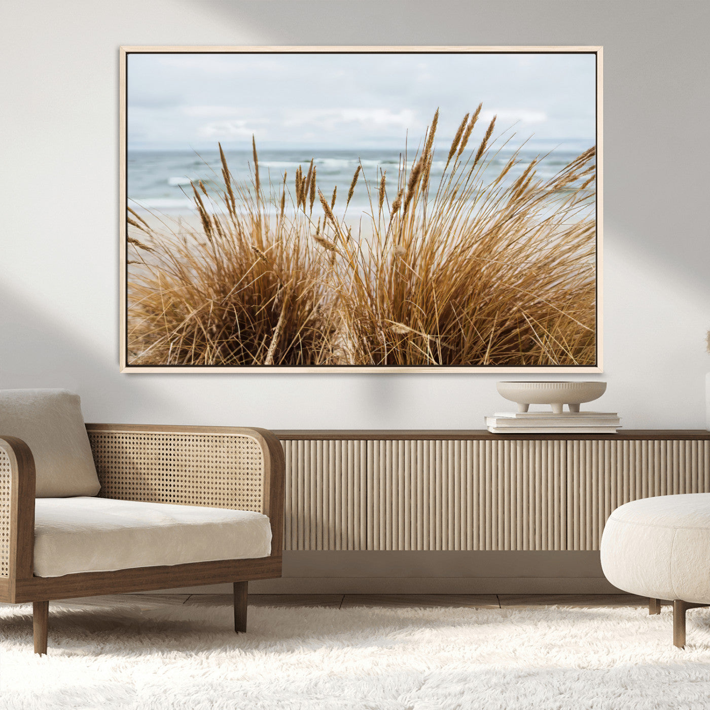 14270839-MGV-CV-36X24-Beach Grass Wall Art – Framed Coastal Dunes Canvas Artwork, Minimal Seaside Design, Modern Coastal Decor for Home, Office