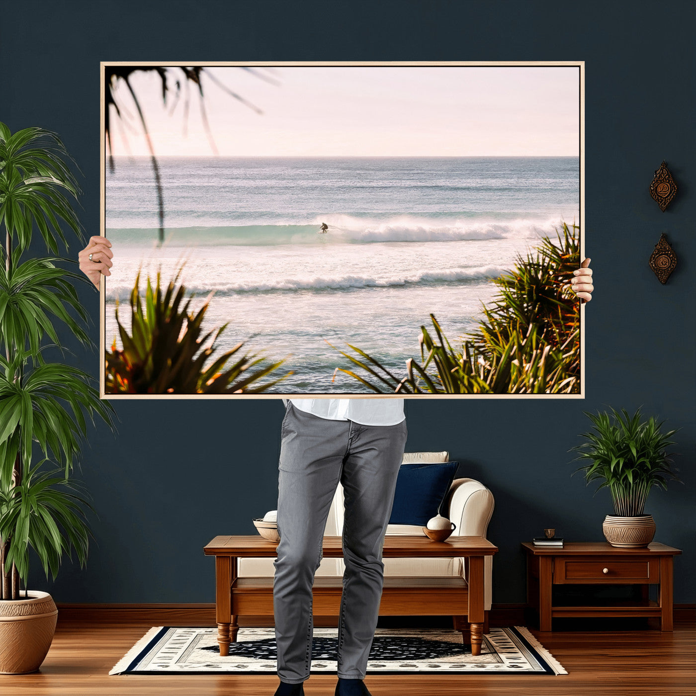 23287092-MGV-CV-36X24 - Ocean Surfer Wall Art Canvas Print | Framed Coastal Surf Art Picture Tropical Beach Artwork for Home Office