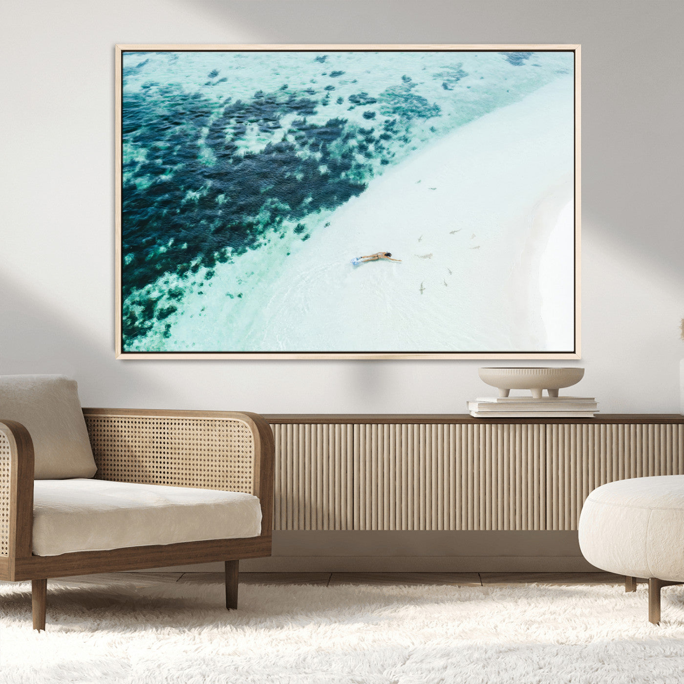 33764764-MGV-CV-36X24-Minimal Beach Wall Art – Framed Ocean Swimming Canvas Artwork, Clear Blue Sea Design, Modern Coastal Decor for Home, Office