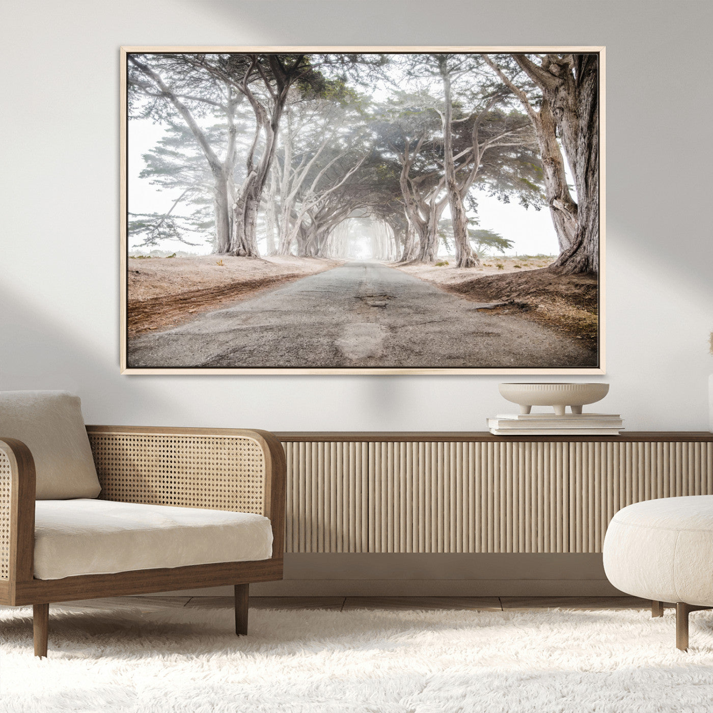 87090469-MGV-FC-36X24_Natural-Cypress Tunnel Wall Art – Framed Misty Road Canvas Artwork, Foggy Trees Design, Rustic Woodland Nature Decor for Home, Office