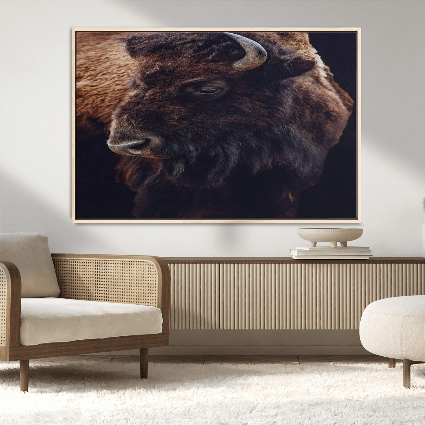 Close-up portrait of a bison with dark fur on a black background, perfect for rustic, lodge, or Western-style interior wall decor.