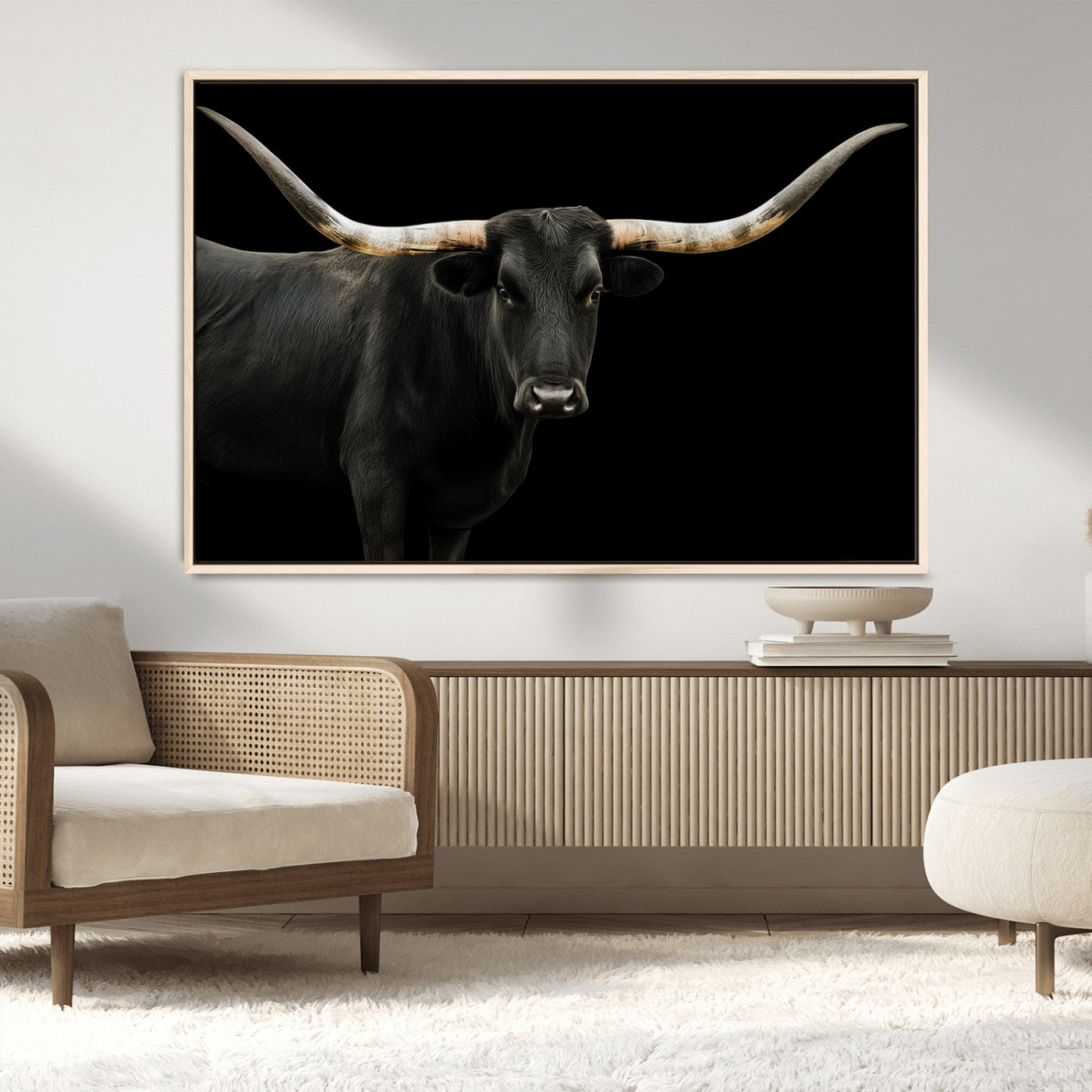 99448328-MGV-CV-36X24-Longhorn Cattle Wall Art Canvas Print – Framed Texas Ranch Scene with Western Cow Artwork for Home, Office, Living Room