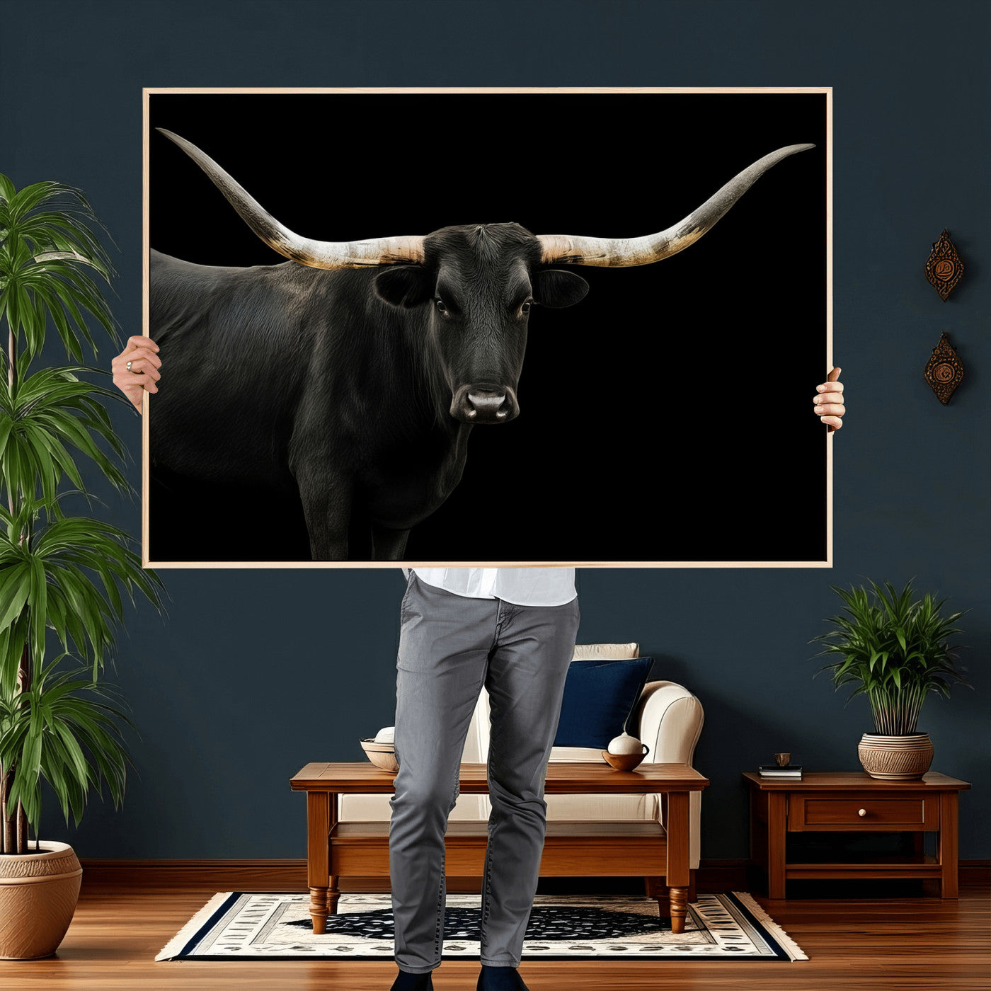 99448328-MGV-CV-36X24 - Longhorn Cattle Wall Art Canvas Print, Framed Texas Black Bull Art Picture Print, Western Cow Perfect Farmhouse Decor Artwork