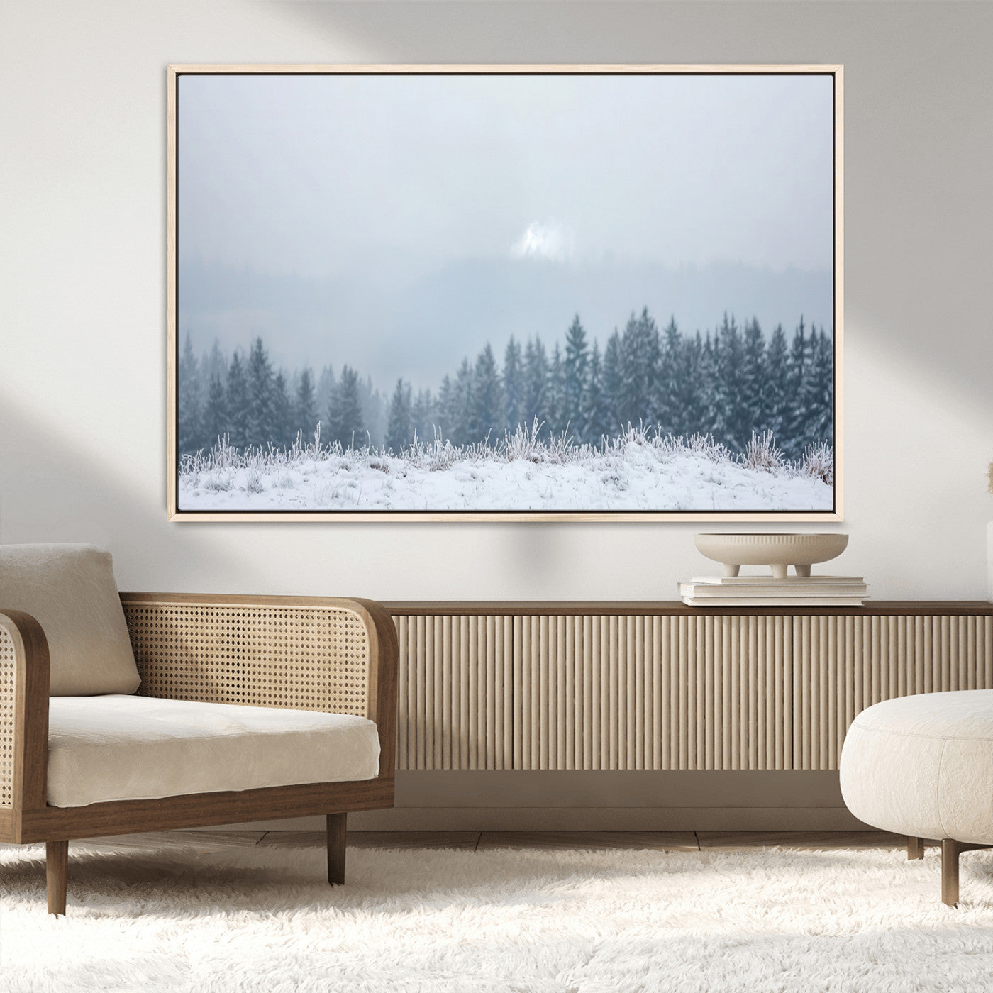 33033082-MGV-CV-36X24-Winter Forest Wall Art Canvas Print – Framed Snowy Landscape Art Picture Misty Tree Scene Artwork for Home Office