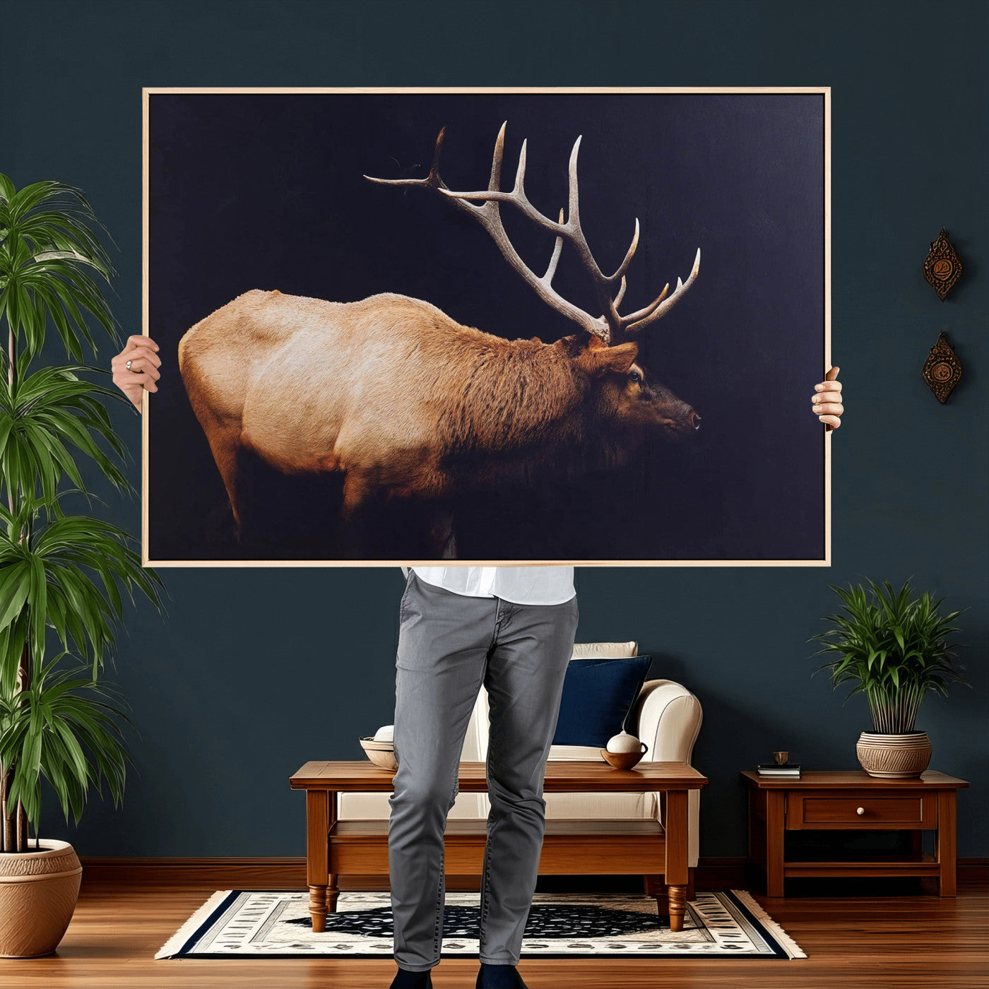 89239257-MGV-CV-36X24 - Rustic Elk Wall Art Canvas Print – Framed Moody Wildlife Art Picture Western Animal Artwork for Home, Office Decor