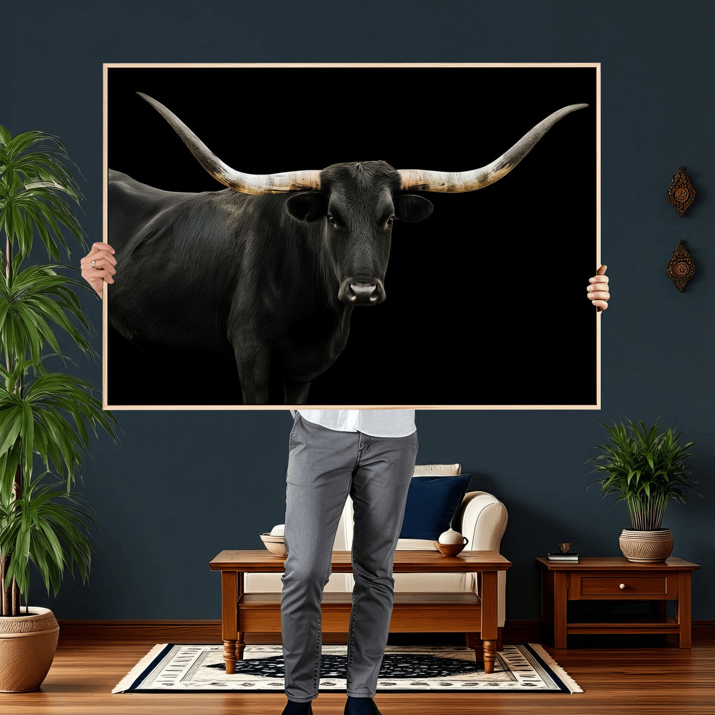 23572907-MGV-CV-36X24 - Texas Longhorn Wall Art Canvas Print, Framed Rustic Western Art Picture Print, Farmhouse Animal Perfect Modern Western Minimalist Decor Artwork