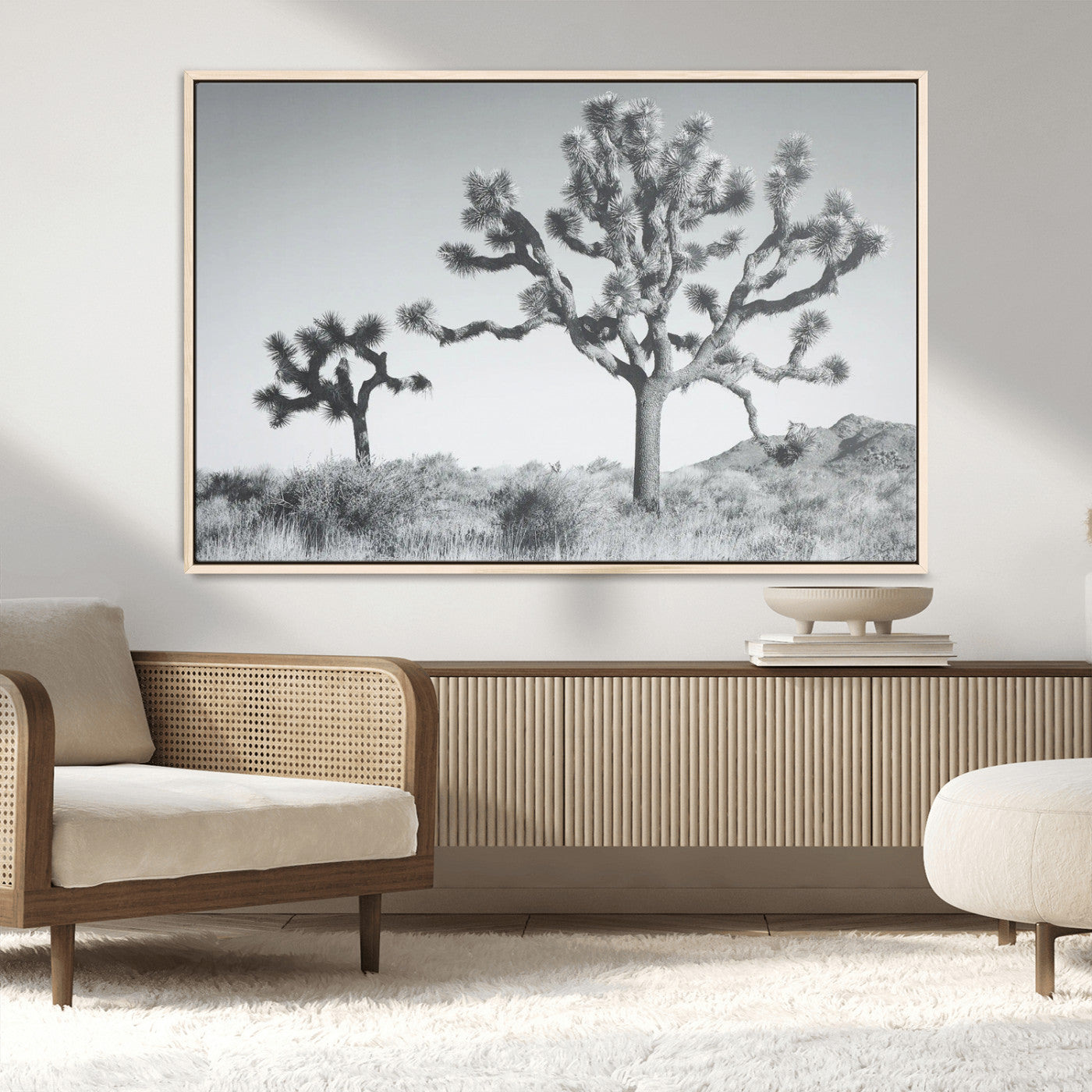 58647785-MGV-CV-36X24-Joshua Trees Wall Art Canvas Print – Framed Black White Desert Landscape Dry Grass Hills Tranquil Artwork for Home Office