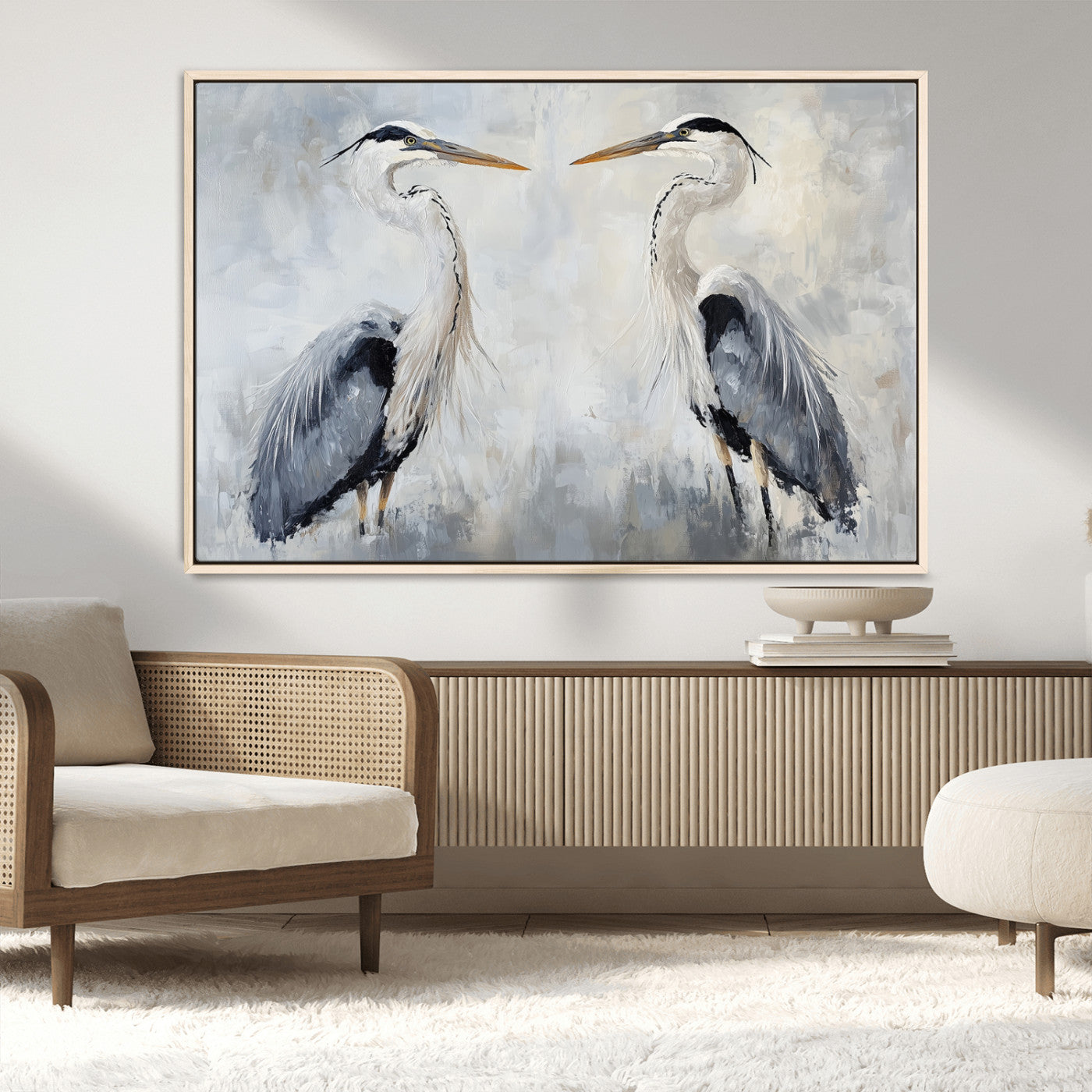 90806932-MGV-FC-36X24_Natural-Heron Wall Art Canvas Print – Framed Bird Nature Inspired Coastal Minimalist Wildlife Artwork for Home Office
