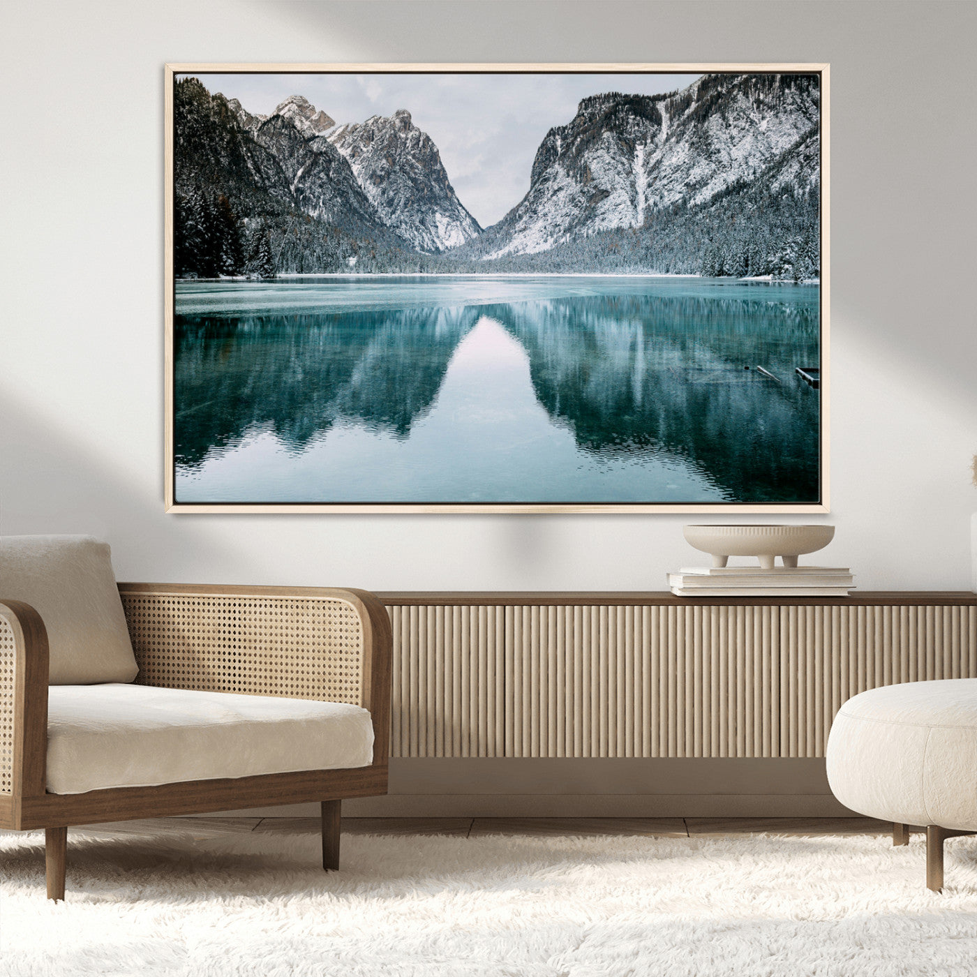 73098373-MGV-CV-36X24-Mountain Lake Wall Art Canvas Print – Framed Snowy Peaks Wonderland Nature Scene Artwork for Home Office
