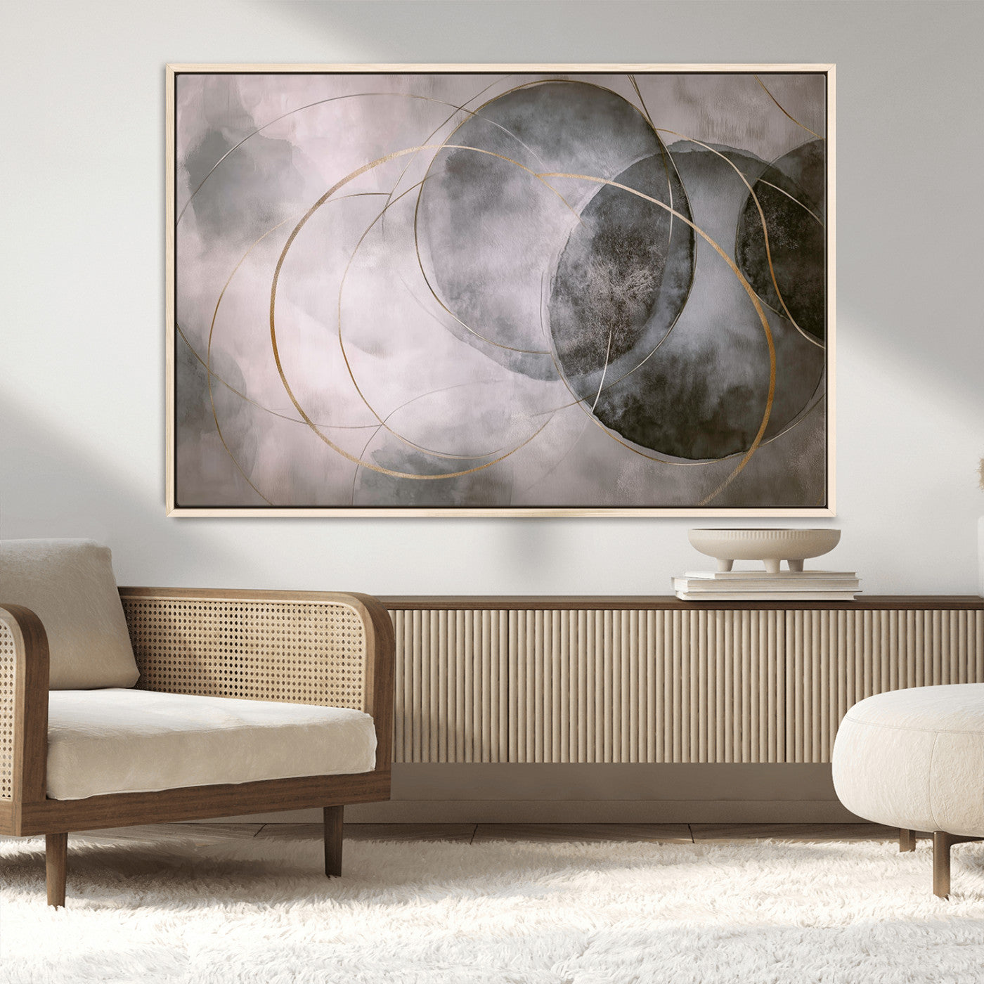 20066876-MGV-CV-36X24-Abstract Grey Gold Circle Wall Art – Modern Geometric Canvas Artwork, Minimal Elegant Design, Luxury Wall Decor for Home, Office
