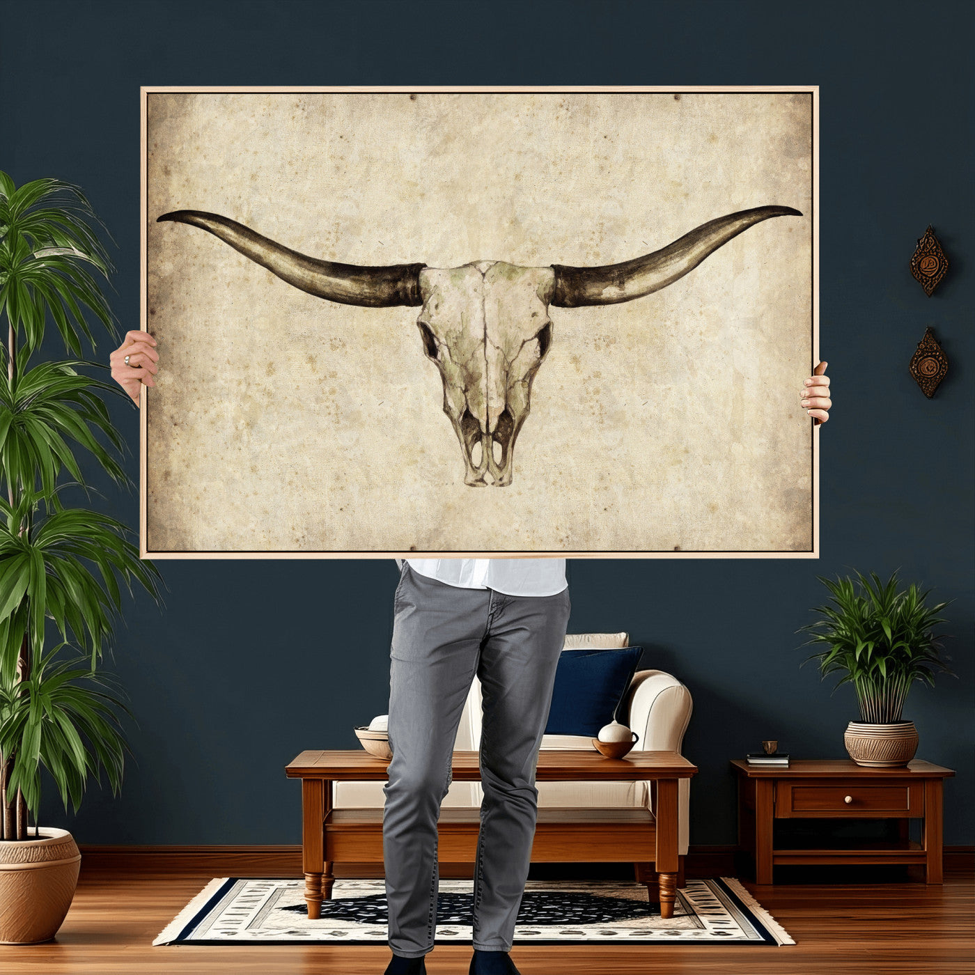42788678-MGV-CV-36X24 - Longhorn Skull Wall Art Canvas Print – Rustic Western Artwork Print for Living Room Wall Decor