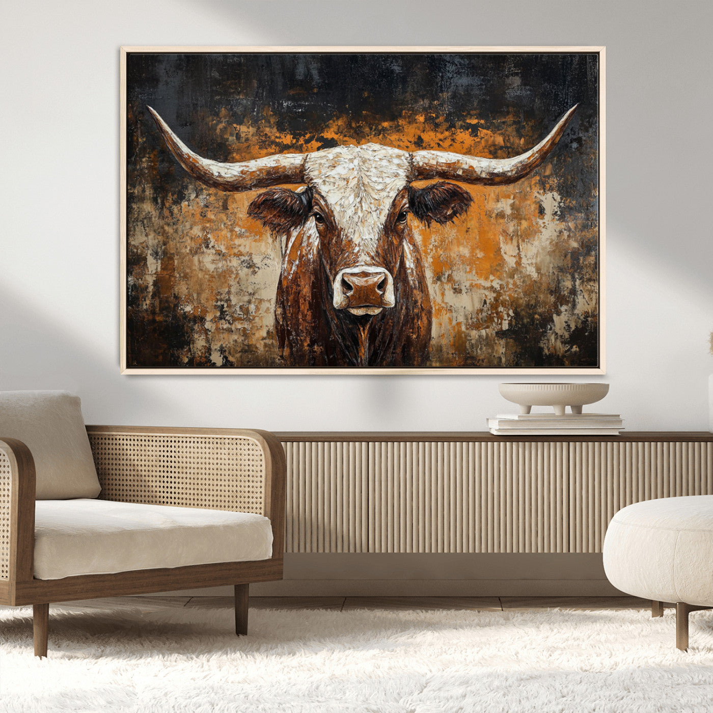 25265572-MGV-CV-36X24-Rustic Longhorn Bull Wall Art Canvas Print – Vintage Western Cattle Scene, Texas Steer Artwork for Home, Office